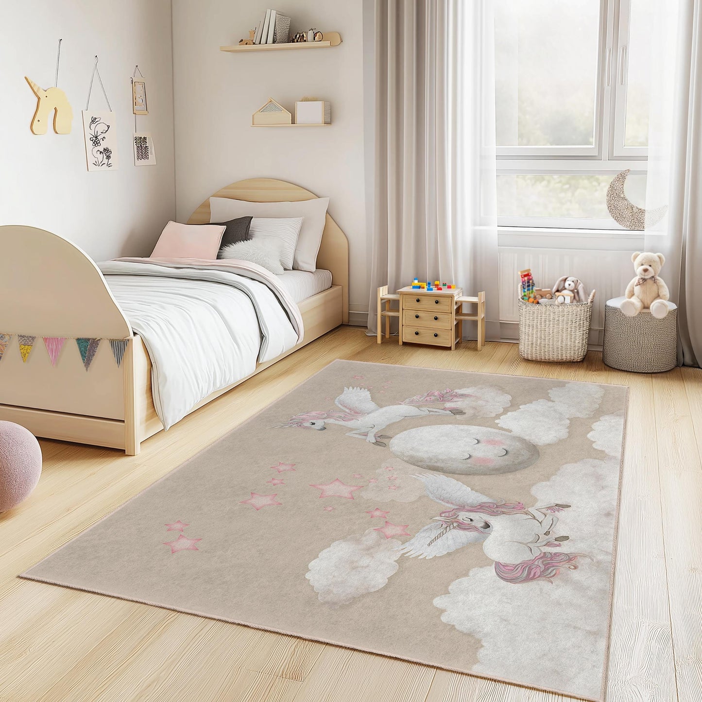 Rechteckiger Kinderteppich mit traumhaften Einhörnern, magischer Einhorn-Teppich, Kinderzimmerdeko, Babyzimmerteppich, Spielmatte mit Fantasy-Motiv