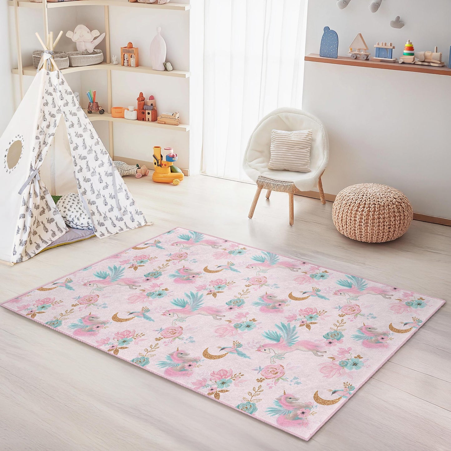 Verspielter rechteckiger Kinderteppich mit Einhorn- und Blumenmuster, rosa Einhorn-Teppich mit Blumenmuster, Spielzimmerdeko, Kinderzimmerteppich, Kinderzimmeraccessoires