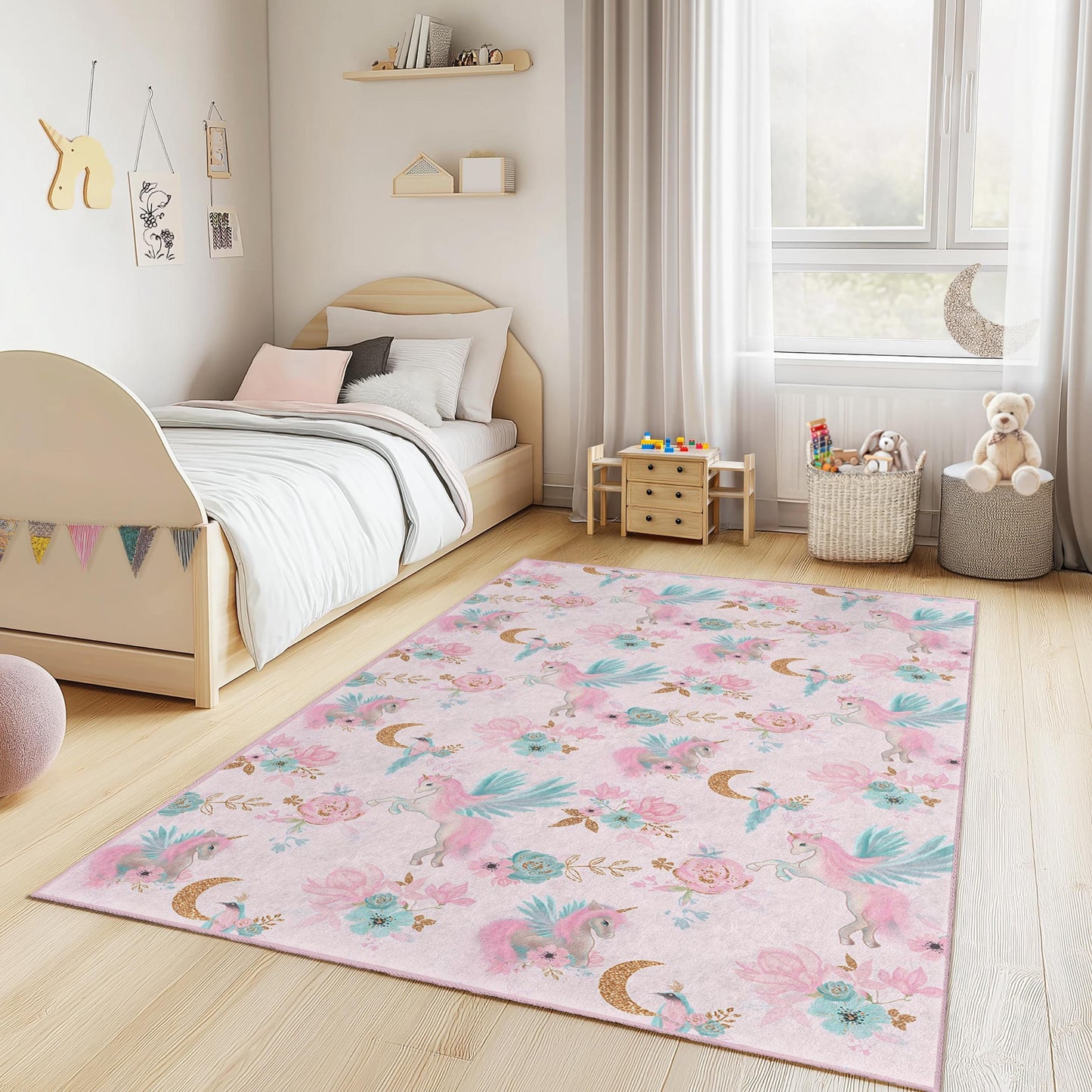 Verspielter rechteckiger Kinderteppich mit Einhorn- und Blumenmuster, rosa Einhorn-Teppich mit Blumenmuster, Spielzimmerdeko, Kinderzimmerteppich, Kinderzimmeraccessoires