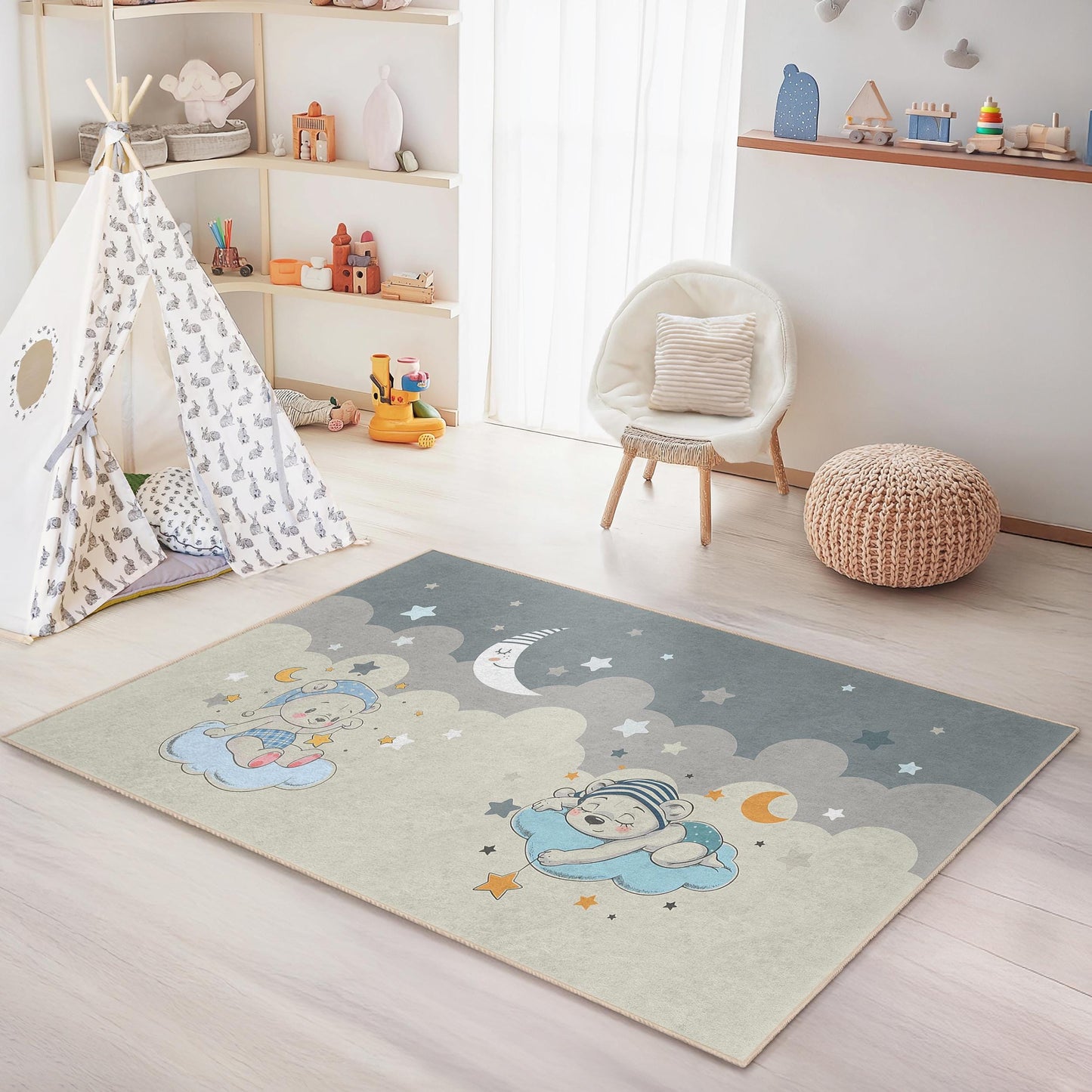 Babyzimmerteppich „Traumhafte Wolken“, niedliches Bären- und Sternenmotiv, rechteckiger Kinderteppich, weiche Spielmatte fürs Kinderzimmer, Kinderzimmerdekoration