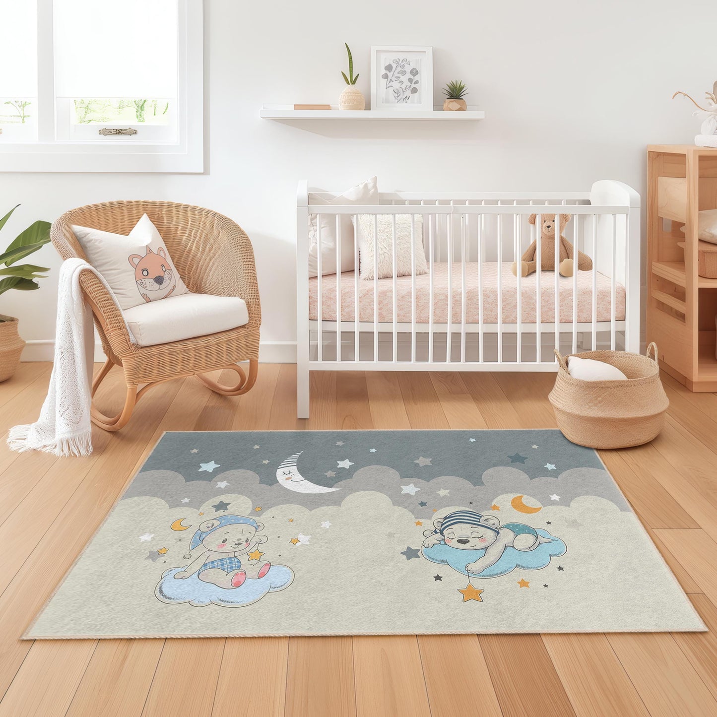 Babyzimmerteppich „Traumhafte Wolken“, niedliches Bären- und Sternenmotiv, rechteckiger Kinderteppich, weiche Spielmatte fürs Kinderzimmer, Kinderzimmerdekoration