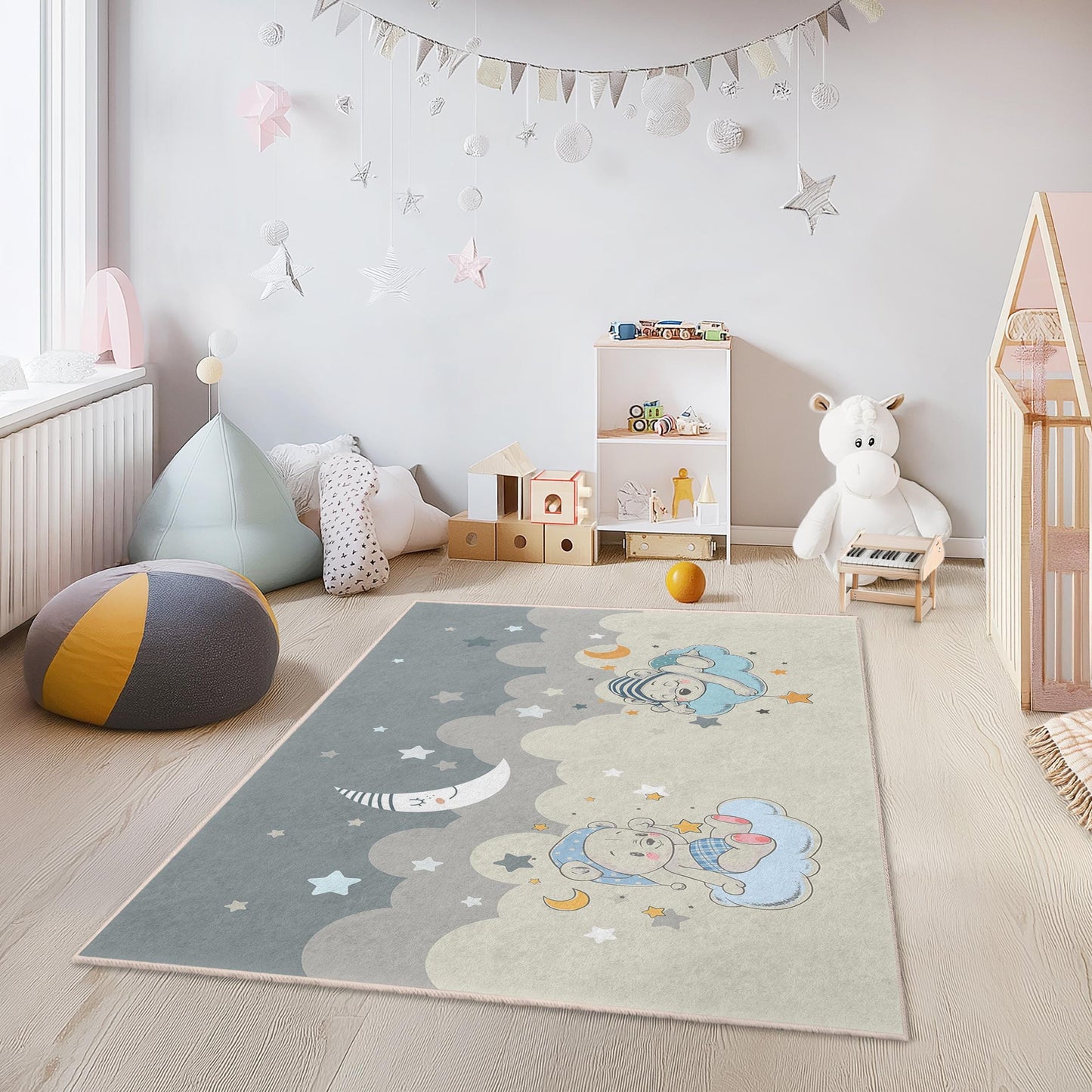 Babyzimmerteppich „Traumhafte Wolken“, niedliches Bären- und Sternenmotiv, rechteckiger Kinderteppich, weiche Spielmatte fürs Kinderzimmer, Kinderzimmerdekoration