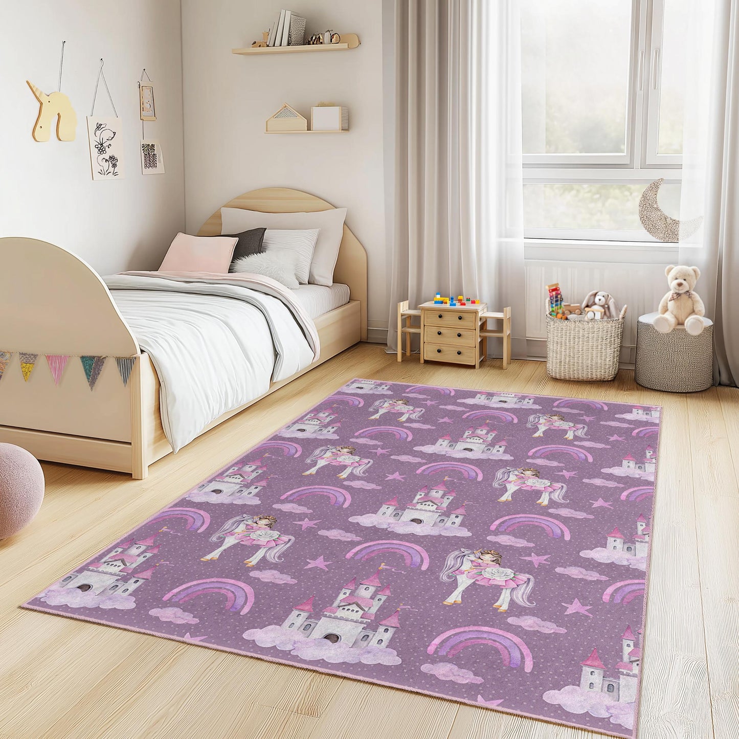 Prinzessinnenschloss- und Einhorn-Kinderteppich, niedliche rechteckige Spielmatte, Fantasie-Kinderteppich, Kinderzimmerdeko, Teppich fürs Kinderzimmer