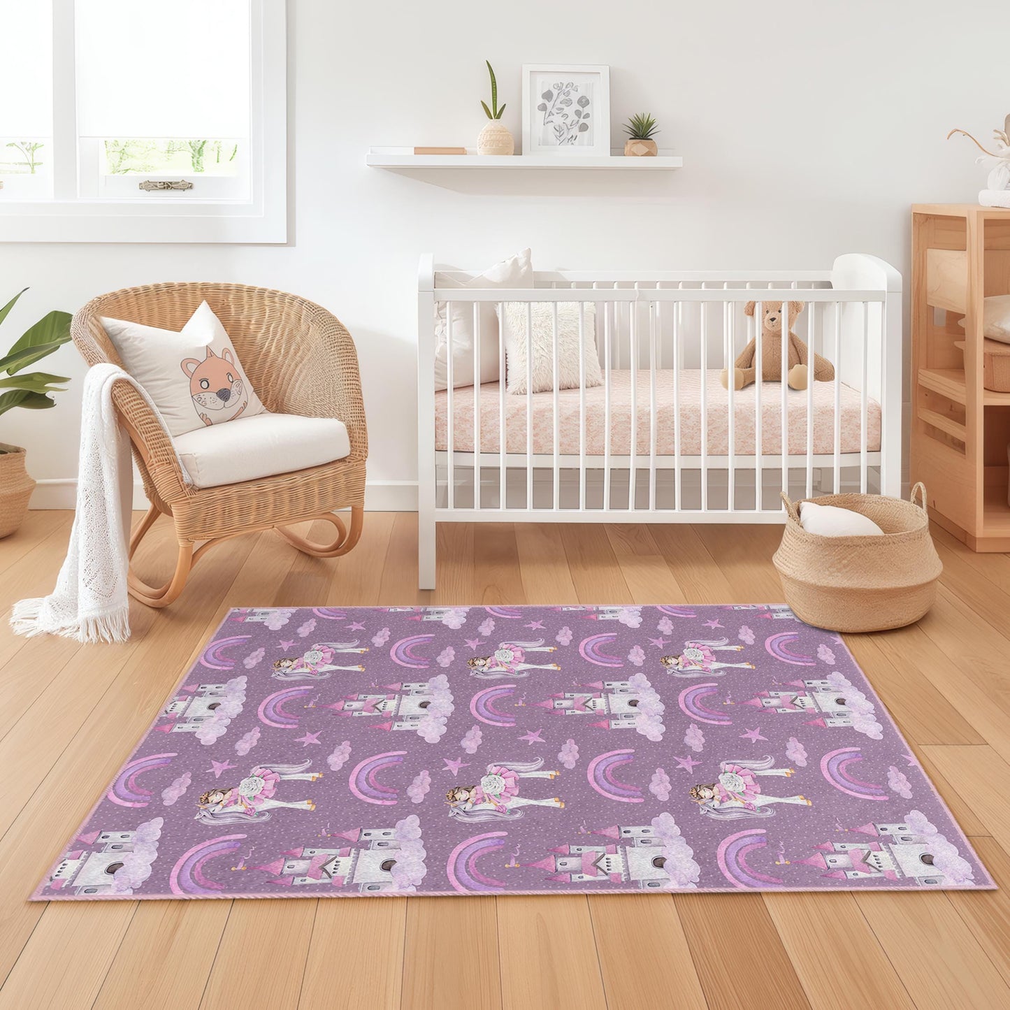 Prinzessinnenschloss- und Einhorn-Kinderteppich, niedliche rechteckige Spielmatte, Fantasie-Kinderteppich, Kinderzimmerdeko, Teppich fürs Kinderzimmer