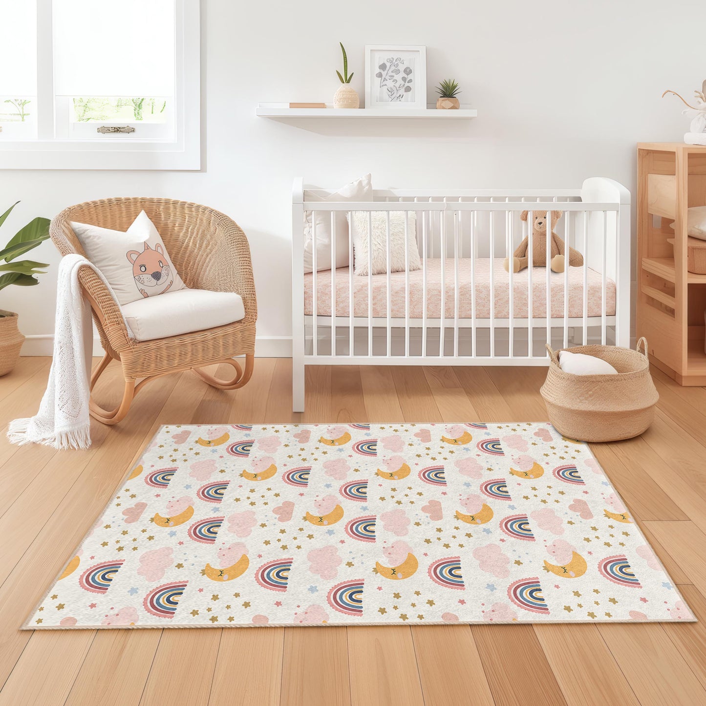 Regenbogen-Teppich für Kinder, niedlicher Regenbogen- und Mondteppich fürs Kinderzimmer, rechteckiger Spielzimmerteppich, Wolken- und Sternendekor