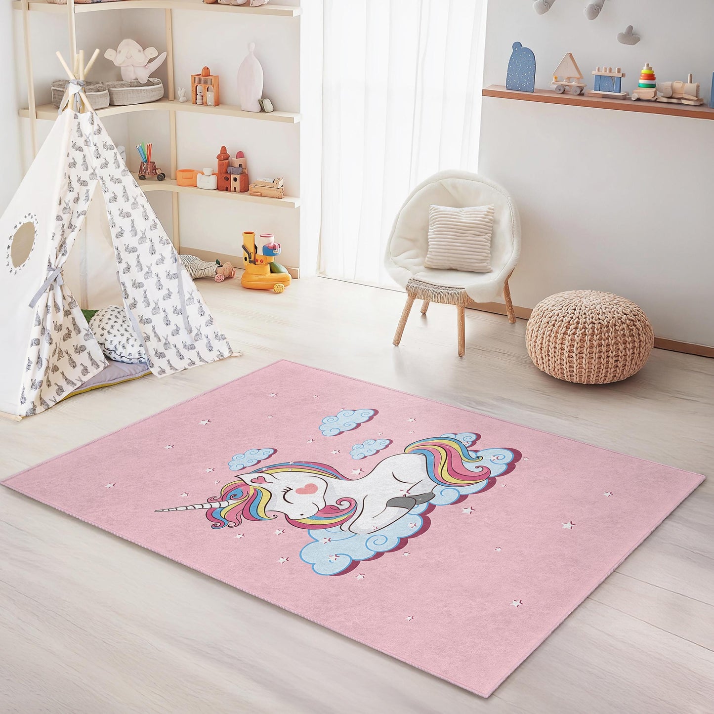 Rechteckiger Kinderteppich „Einhornträume“, niedlicher Einhornteppich, Spielzimmerdeko, Teppich für Kleinkinderzimmer, magischer Kinderzimmerteppich