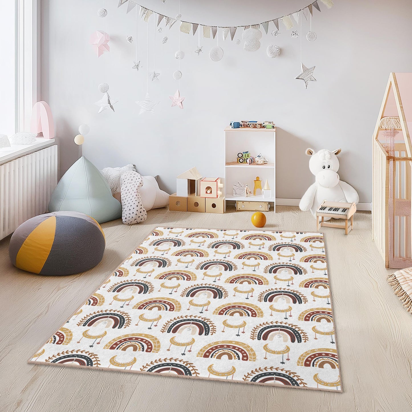 Bunter, rechteckiger Kinderzimmerteppich mit Regenbogenmuster, Boho-Kinderzimmerteppich, weicher Kinderteppich, Spielzimmerdekoration, Kinderteppich