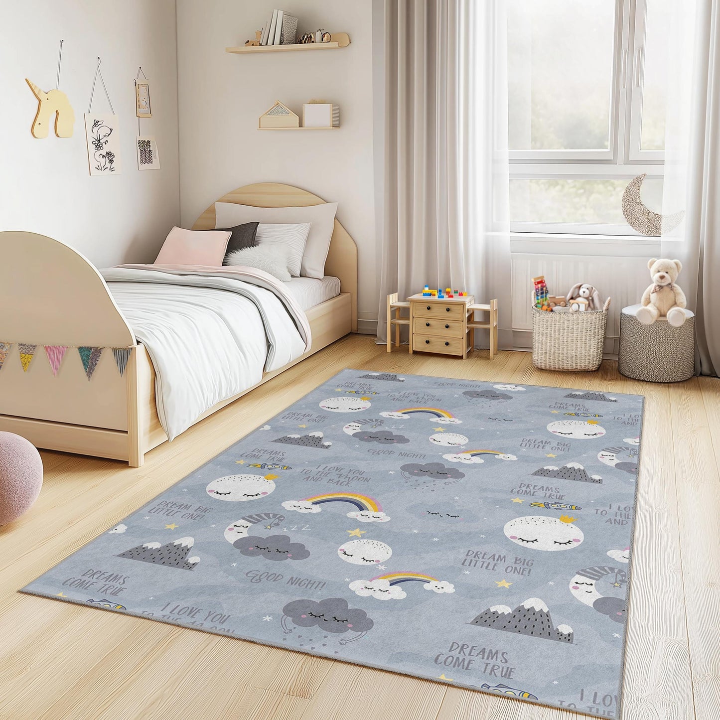 Rechteckiger Kinderteppich „Traumhafte Wolken“, weicher Kinderzimmerteppich, inspirierende Spielzimmerdekoration, gemütlicher Kinderzimmerteppich, Regenbogenmuster