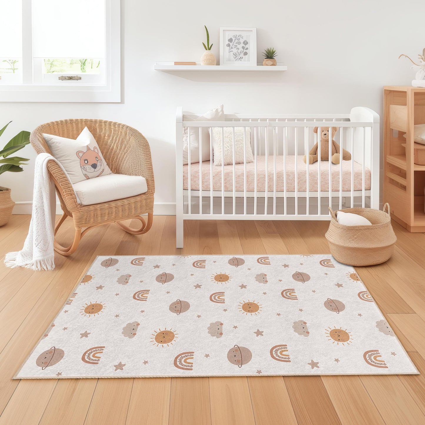 Verspielter rechteckiger Kinderteppich mit Sonne und Regenbogen, niedlicher Wolkenteppich, Kinderzimmerdeko, Spielzimmerteppich, weicher Kinderboden