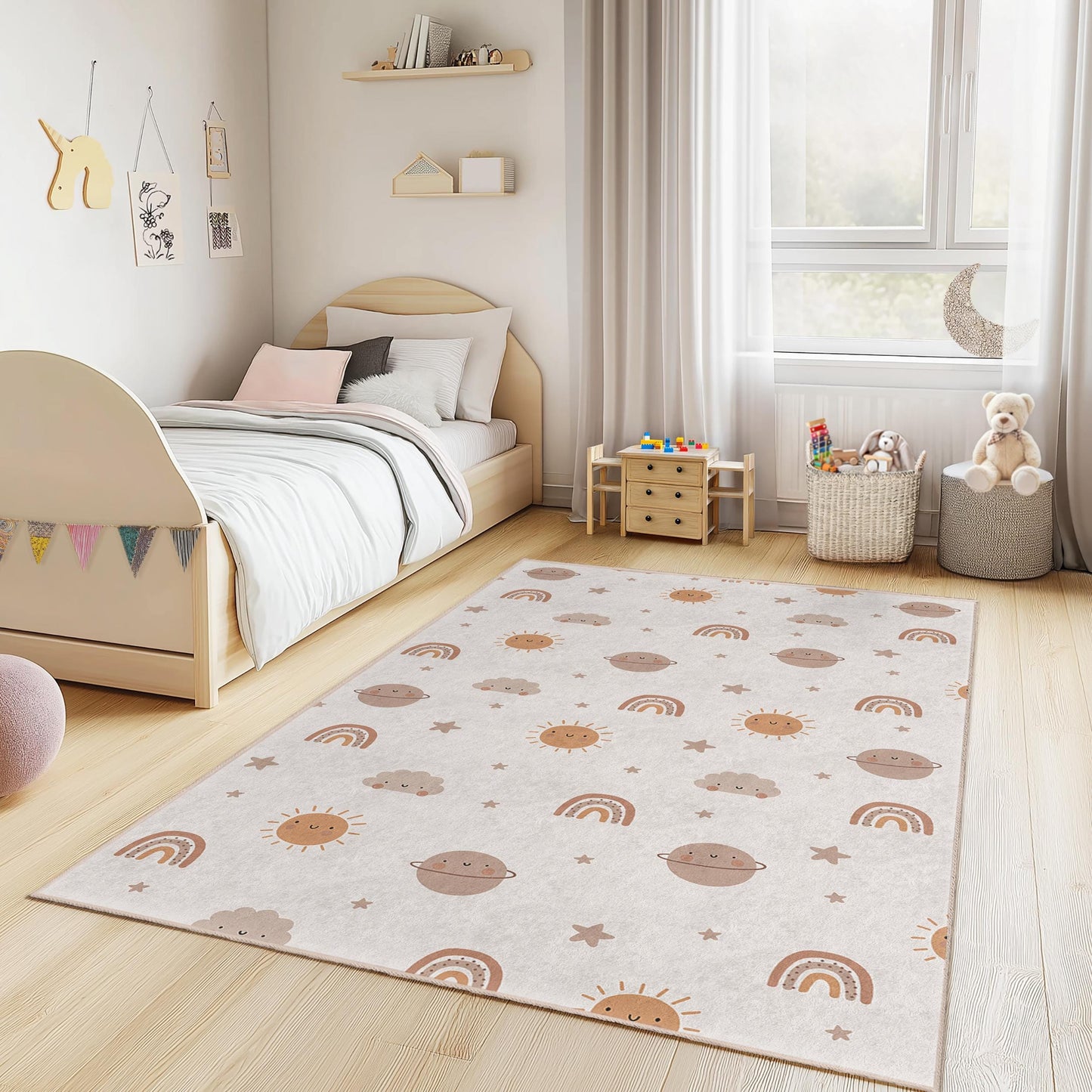 Verspielter rechteckiger Kinderteppich mit Sonne und Regenbogen, niedlicher Wolkenteppich, Kinderzimmerdeko, Spielzimmerteppich, weicher Kinderboden