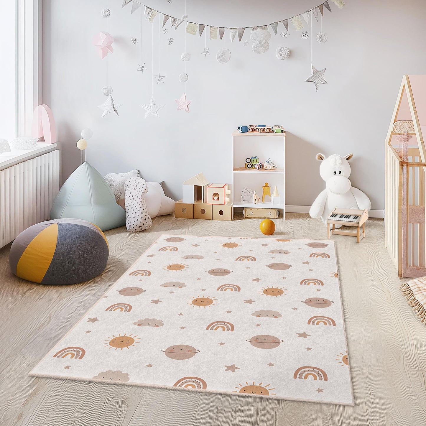 Verspielter rechteckiger Kinderteppich mit Sonne und Regenbogen, niedlicher Wolkenteppich, Kinderzimmerdeko, Spielzimmerteppich, weicher Kinderboden
