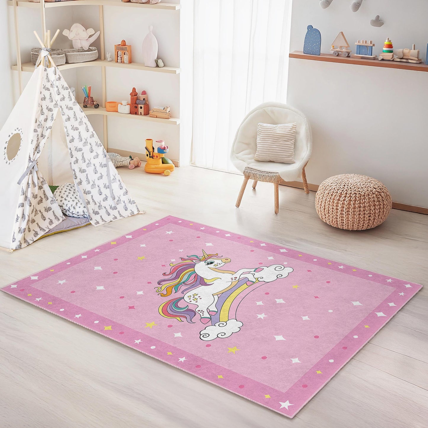 Magischer Einhorn-Kinderteppich, Regenbogen-Einhorn-Spielmatte, niedlicher Kinderzimmerteppich, Einhorn-Zimmerdeko, weicher rechteckiger Teppich für Mädchen