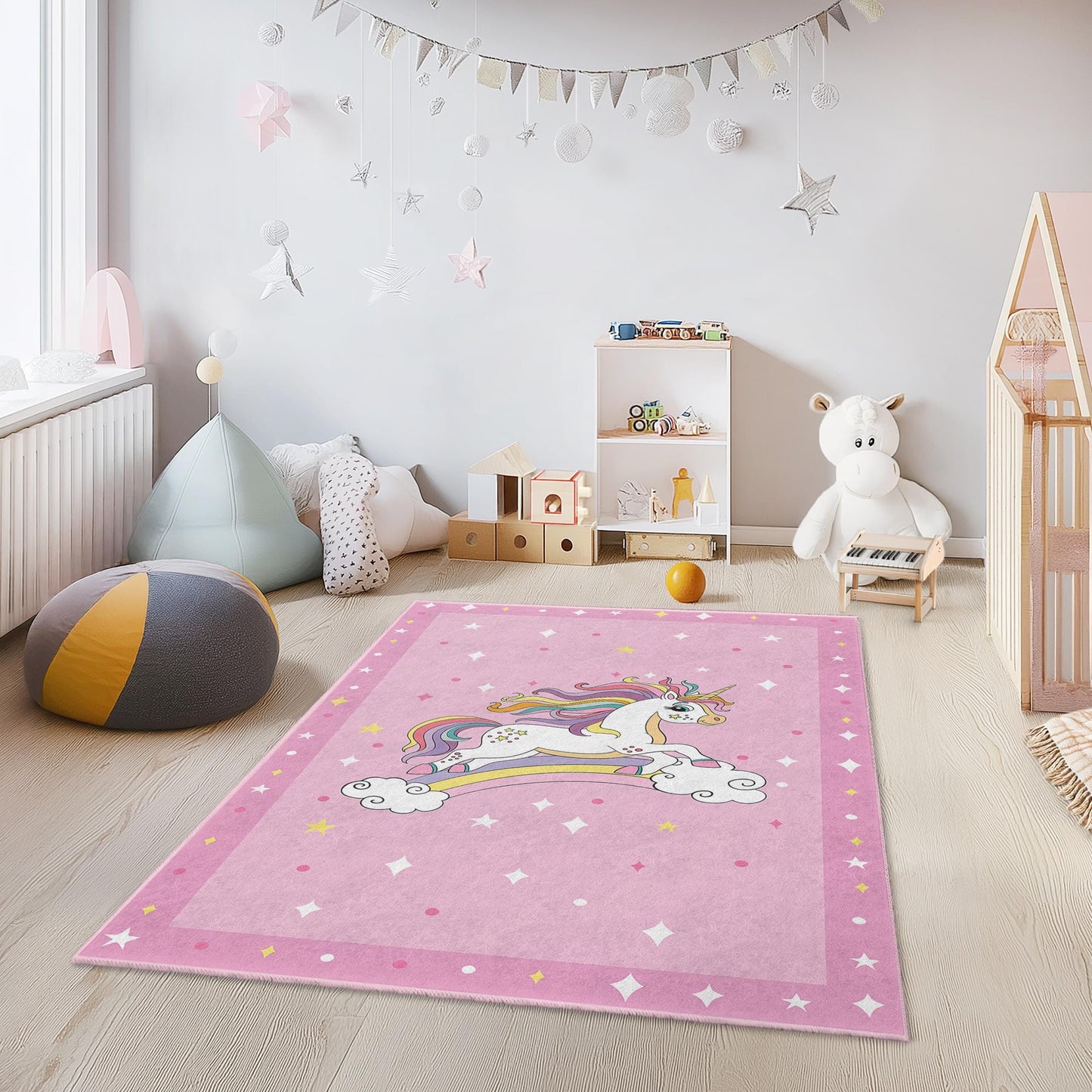 Magischer Einhorn-Kinderteppich, Regenbogen-Einhorn-Spielmatte, niedlicher Kinderzimmerteppich, Einhorn-Zimmerdeko, weicher rechteckiger Teppich für Mädchen
