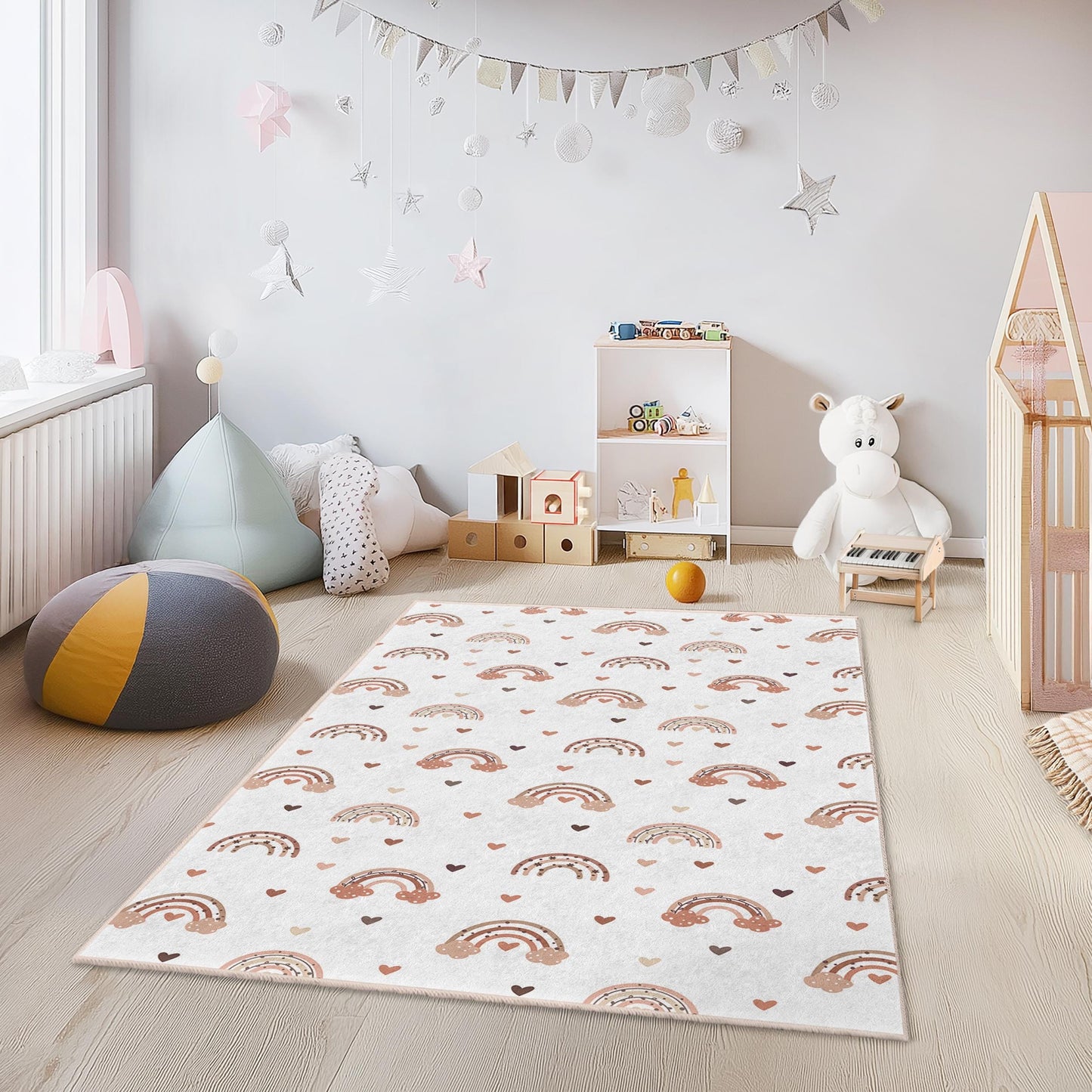 Bunter rechteckiger Kinderteppich mit Regenbogenherzen, niedlicher Regenbogen-Teppich, Spielzimmerdeko, Kinderzimmerteppich, weicher Kinderteppich