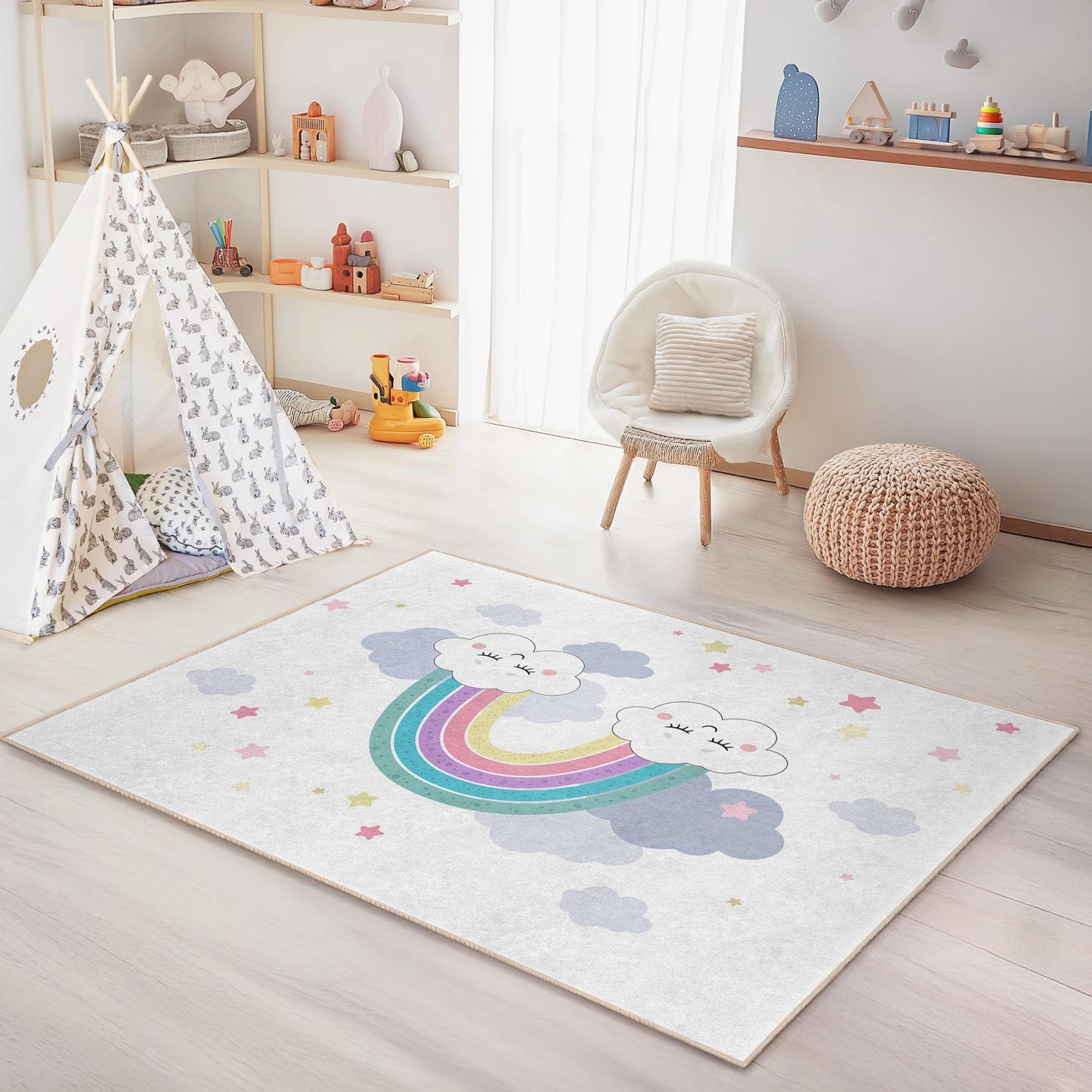 Niedlicher rechteckiger Kinderteppich mit Regenbogenwolken-Motiv, bunter Kinderzimmerteppich, Regenbogen-Spielmatte, Kinderzimmerdeko, weicher Kinderteppich