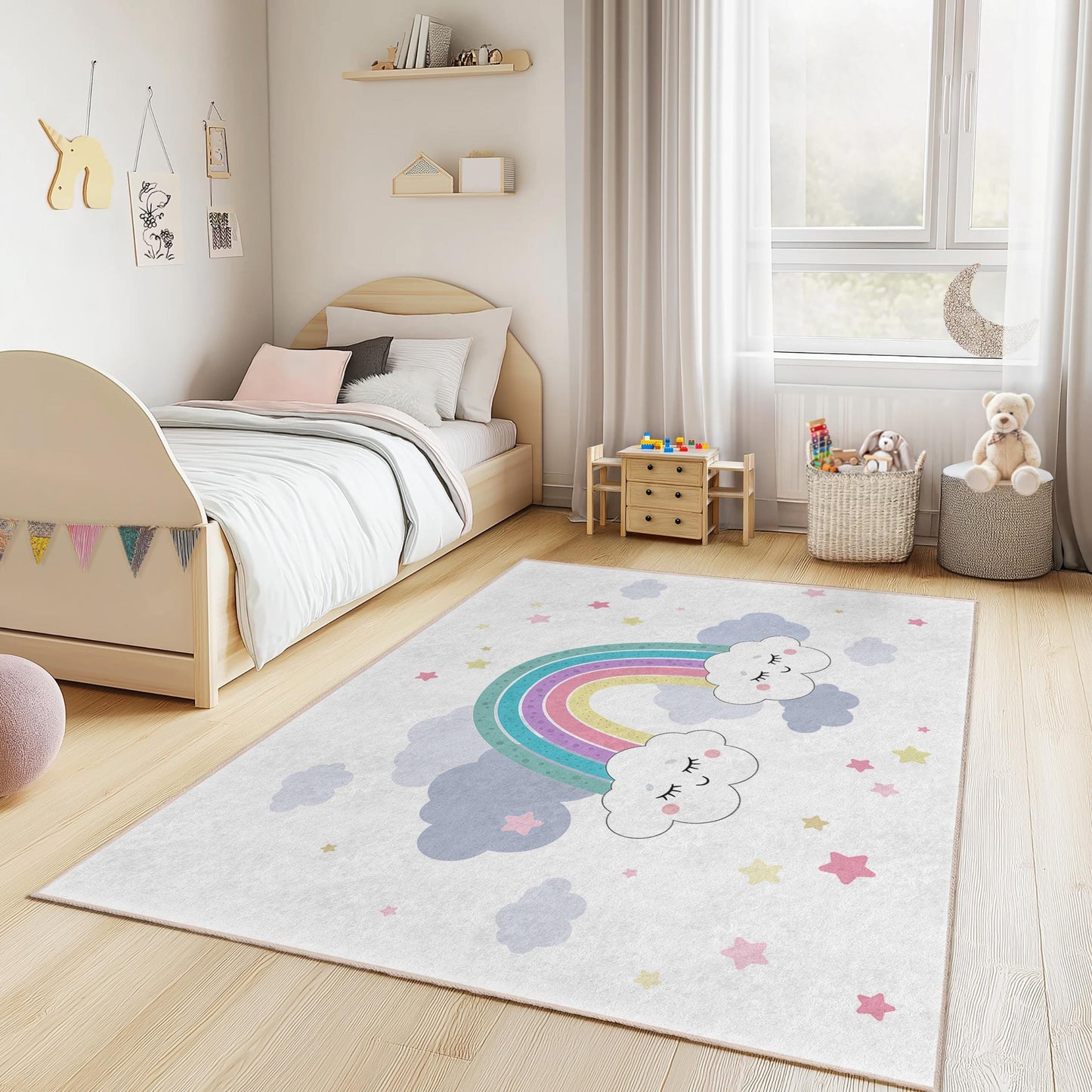 Niedlicher rechteckiger Kinderteppich mit Regenbogenwolken-Motiv, bunter Kinderzimmerteppich, Regenbogen-Spielmatte, Kinderzimmerdeko, weicher Kinderteppich