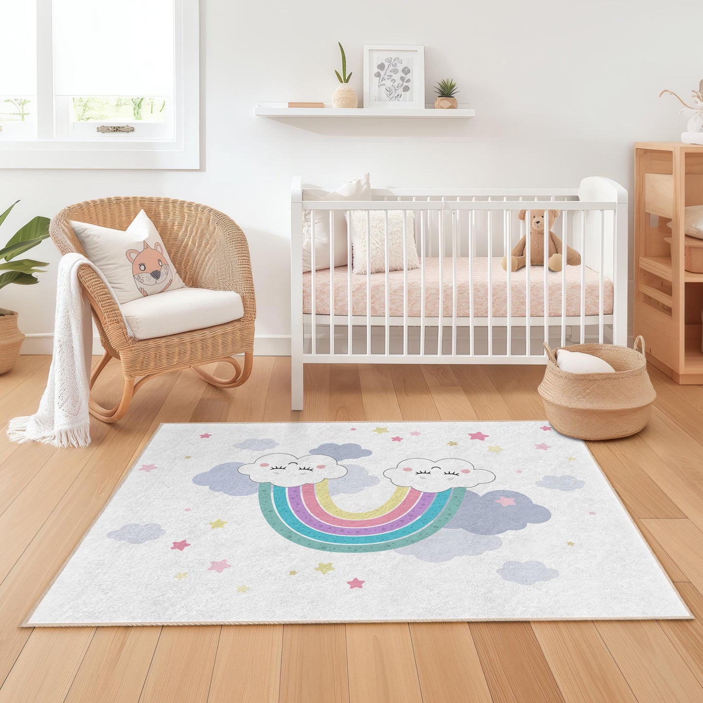 Niedlicher rechteckiger Kinderteppich mit Regenbogenwolken-Motiv, bunter Kinderzimmerteppich, Regenbogen-Spielmatte, Kinderzimmerdeko, weicher Kinderteppich
