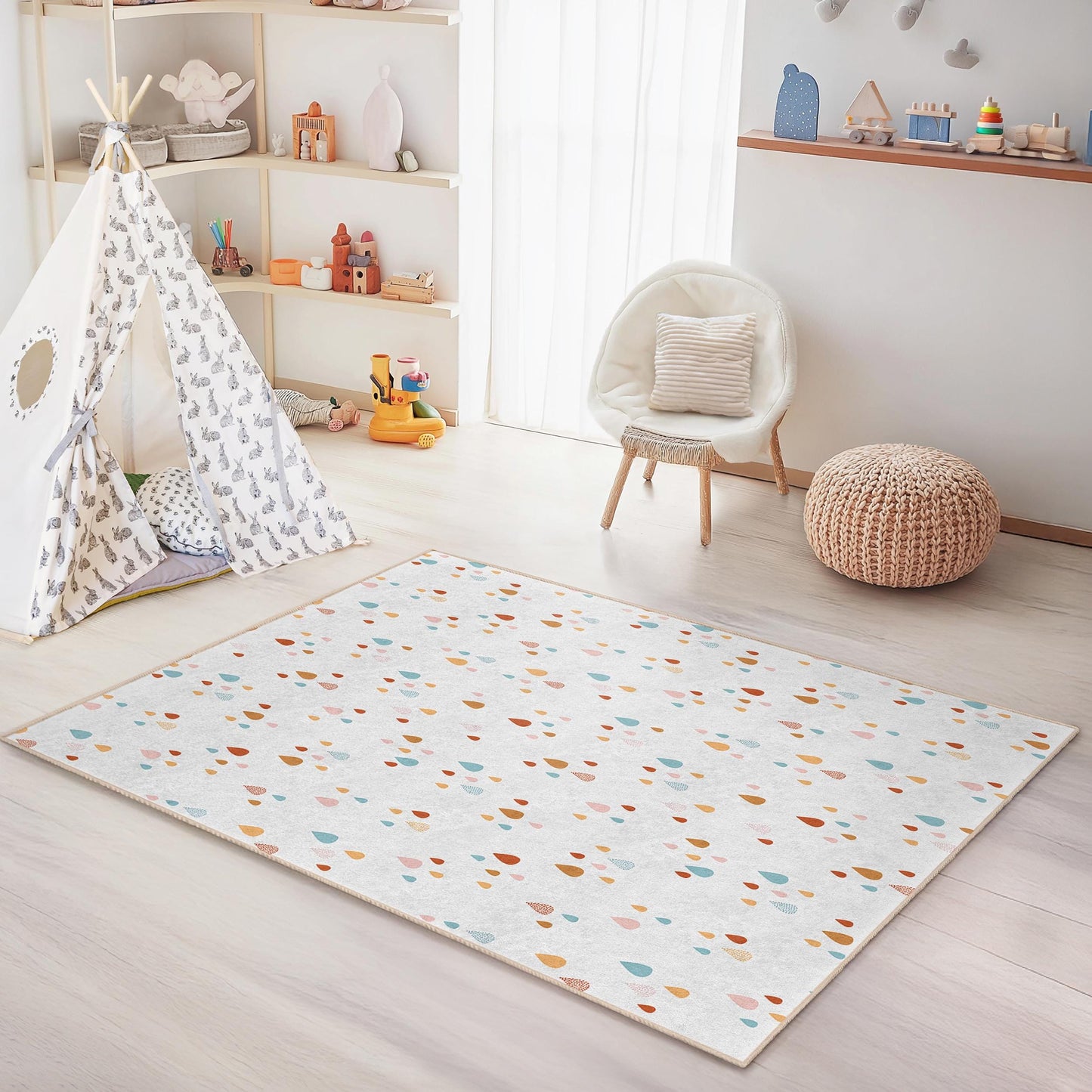 Rechteckiger Kinderteppich mit buntem Wassertropfenmuster, verspielter Wassertropfen-Teppich, weicher Teppich für das Kinderzimmer, Kinderzimmerdekoration, Spielmatte für Kleinkinder