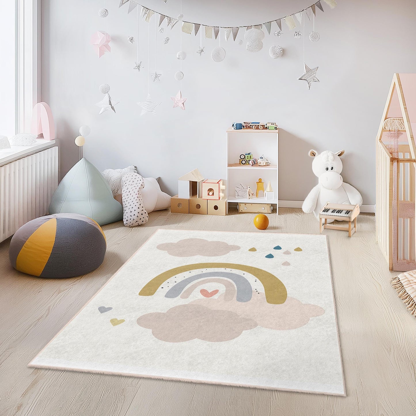 Rechteckiger Kinderteppich „Regenbogenwolke“, weicher Teppich fürs Kinderzimmer, Kinderzimmerdeko, Spielzimmerteppich, bunter Kinderteppich