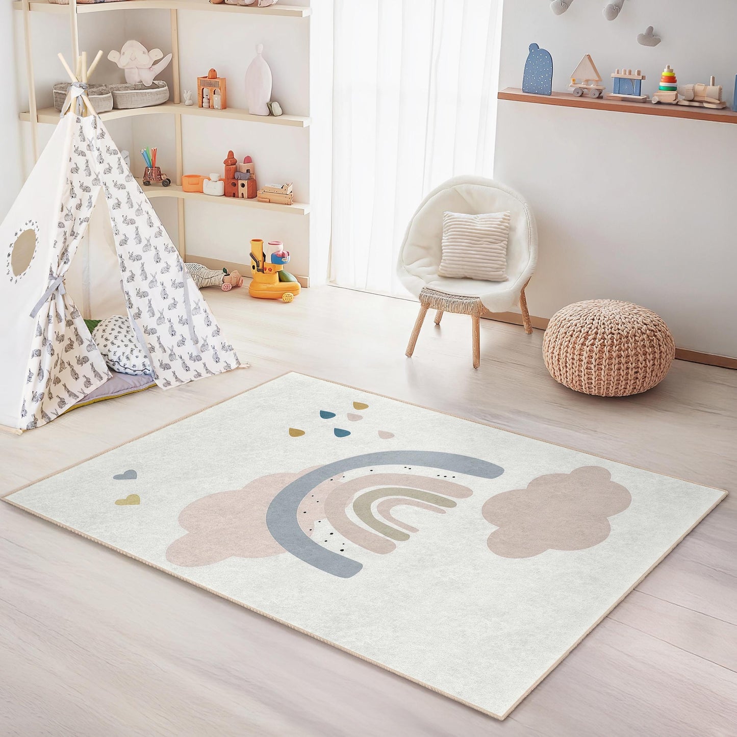 Weicher, rechteckiger Kinderteppich in Pastellfarbenem Regenbogenmuster, bunter Regenbogen-Teppich, Kinderzimmerteppich, Spielzimmerteppich