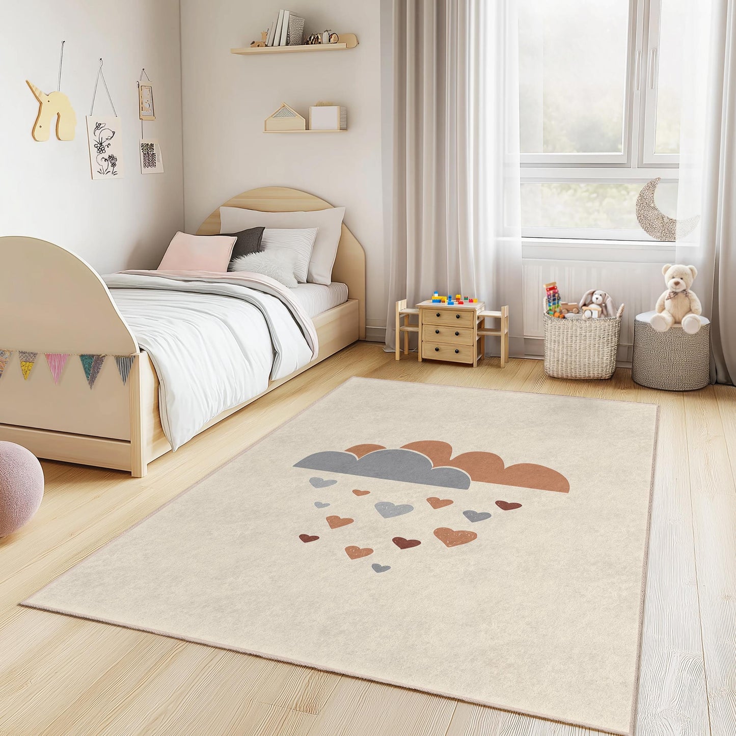 Kinderzimmerteppich mit Wolken- und Herzmotiv, niedlicher Spielteppich fürs Kinderzimmer, rechteckige Spielmatte, weiche Babyzimmerdekoration, bezaubernder Kleinkinderteppich