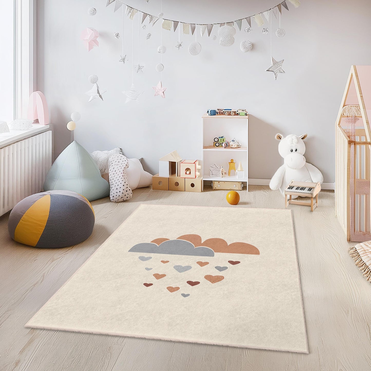 Kinderzimmerteppich mit Wolken- und Herzmotiv, niedlicher Spielteppich fürs Kinderzimmer, rechteckige Spielmatte, weiche Babyzimmerdekoration, bezaubernder Kleinkinderteppich