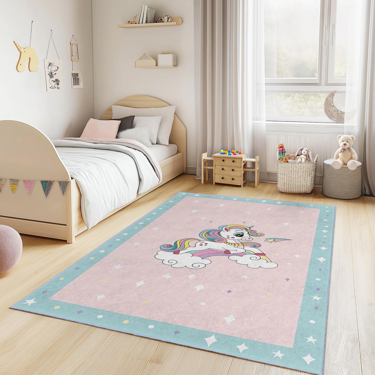 Magischer Einhorn-Kinderteppich, Regenbogen-Einhorn-Teppich für Kinderzimmer, Spielzimmer-Dekoration, weicher rechteckiger Kinderteppich, Fantasie-Kinderzimmerteppich
