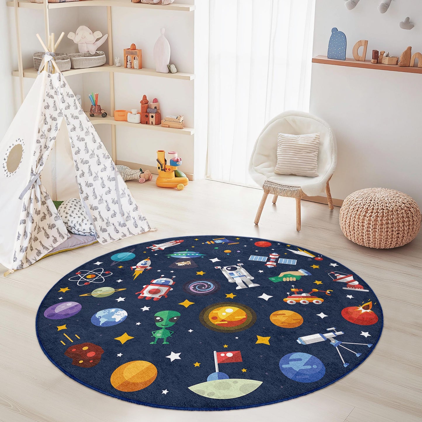 Runder Weltraum-Spielteppich für Kinder, Weltraum-Spielmatte, Galaxie-Deko fürs Kinderzimmer, Astronauten- und Planeten-Teppich, Kosmischer Kinderteppich