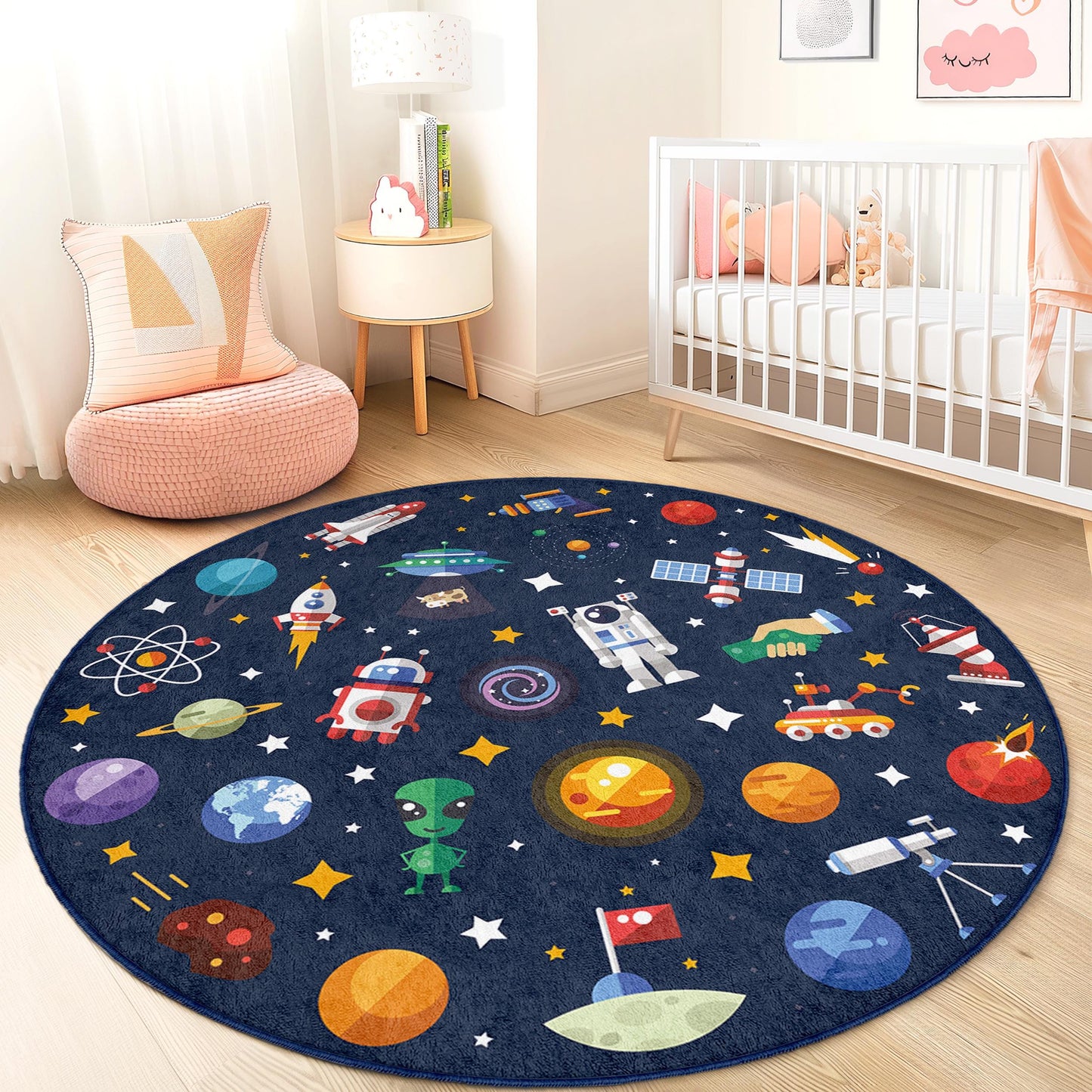 Runder Weltraum-Spielteppich für Kinder, Weltraum-Spielmatte, Galaxie-Deko fürs Kinderzimmer, Astronauten- und Planeten-Teppich, Kosmischer Kinderteppich