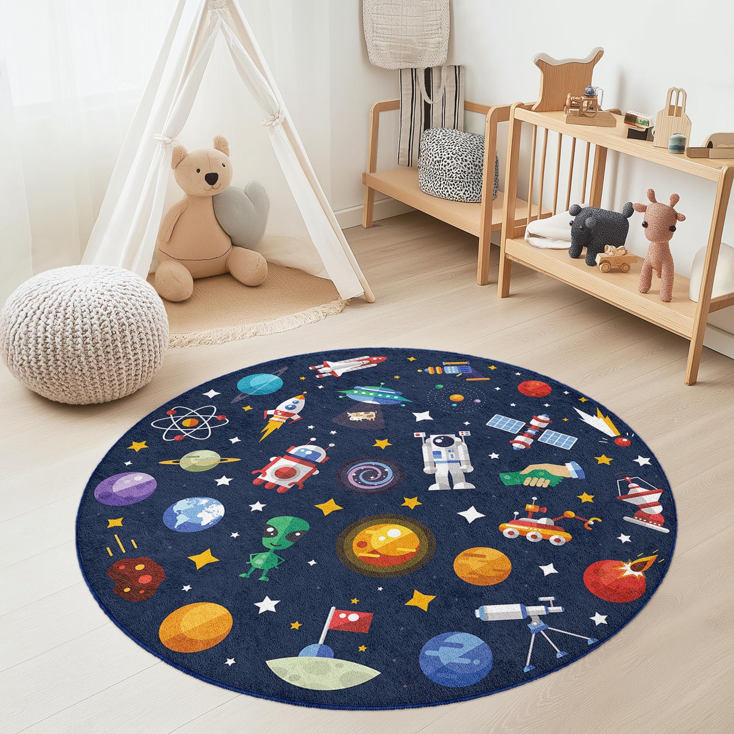 Runder Weltraum-Spielteppich für Kinder, Weltraum-Spielmatte, Galaxie-Deko fürs Kinderzimmer, Astronauten- und Planeten-Teppich, Kosmischer Kinderteppich