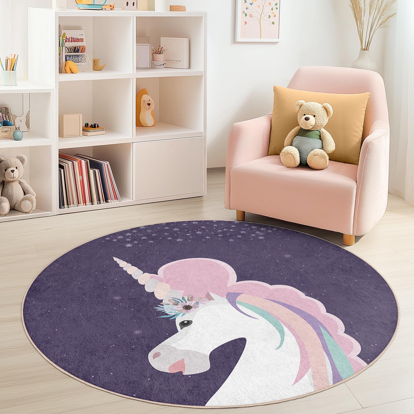 Runder Einhorn-Teppich für Kinder, Fantasievolle Einhorn-Deko, Weiche Spielmatte, Kinderzimmerteppich, Spielzimmer-Deko