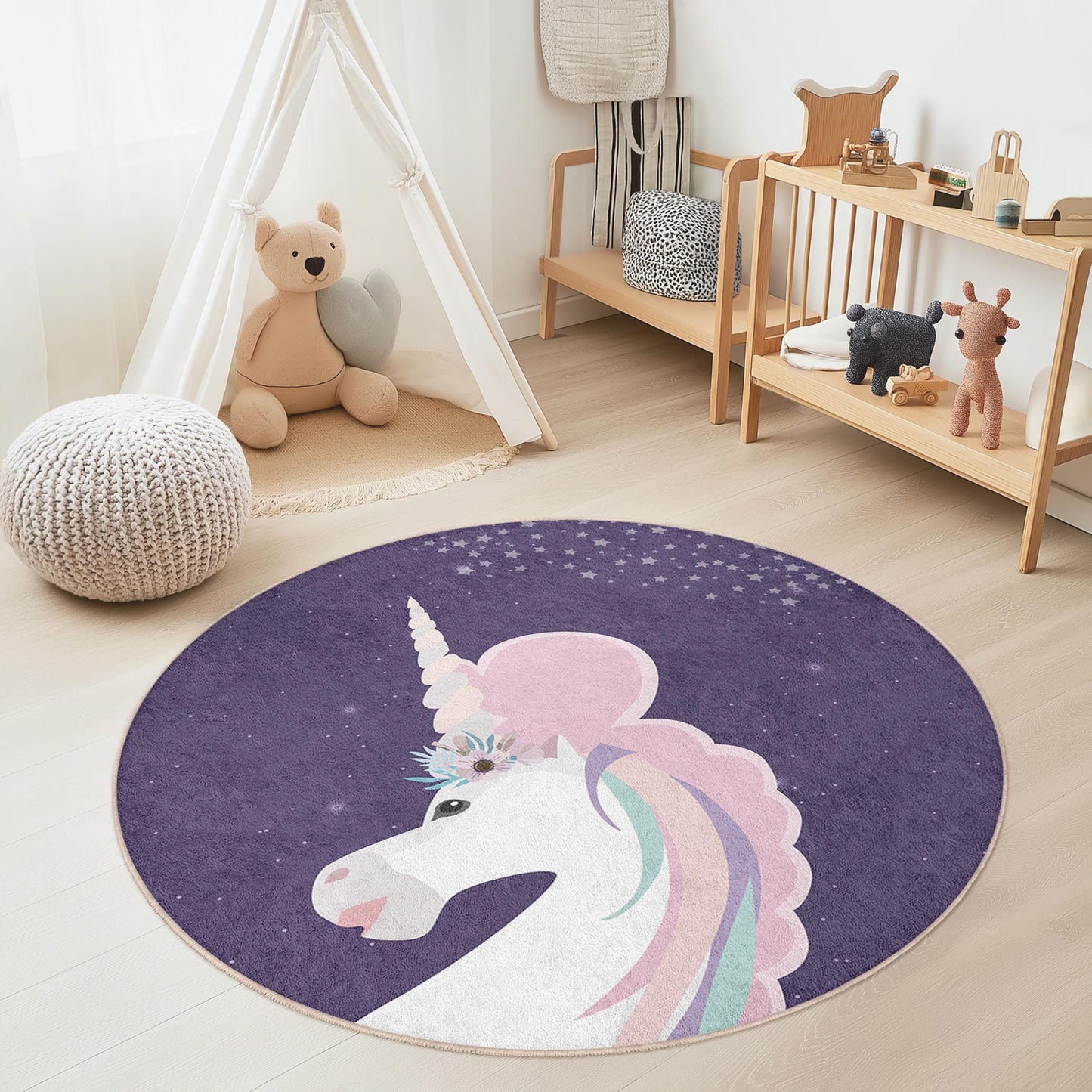 Runder Einhorn-Teppich für Kinder, Fantasievolle Einhorn-Deko, Weiche Spielmatte, Kinderzimmerteppich, Spielzimmer-Deko