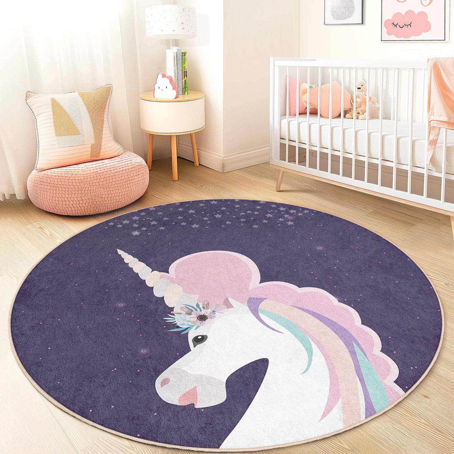 Runder Einhorn-Teppich für Kinder, Fantasievolle Einhorn-Deko, Weiche Spielmatte, Kinderzimmerteppich, Spielzimmer-Deko