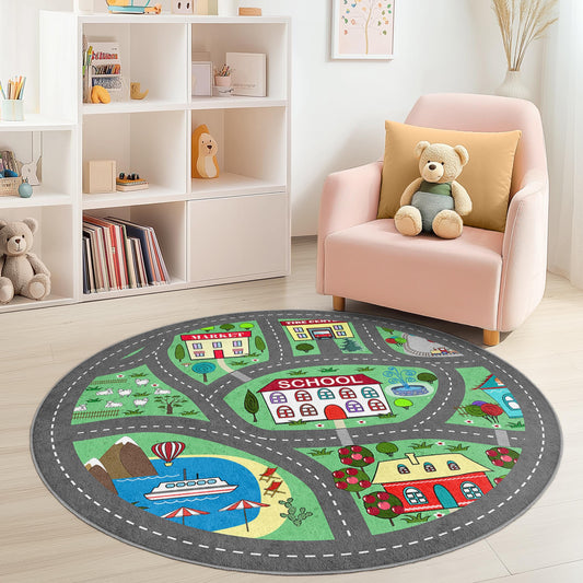 Colorful City Map Round Kids Rug, Playful Area Rug for Children, Soft Play Mat, Nursery Decor, Interactive Learning Carpet