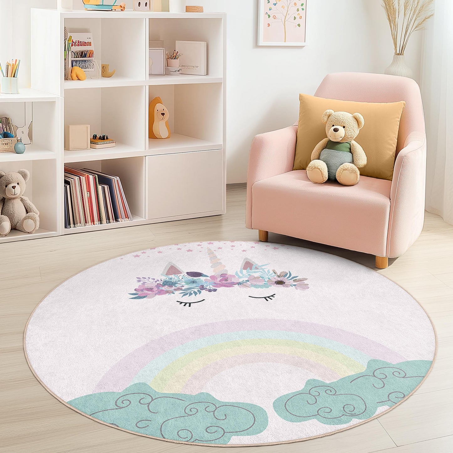 Runder Einhorn-Teppich, niedliche Einhorn-Spielmatte, Kinderzimmerdeko, Babyzimmerteppich, Regenbogen-Teppich, weicher Spielteppich
