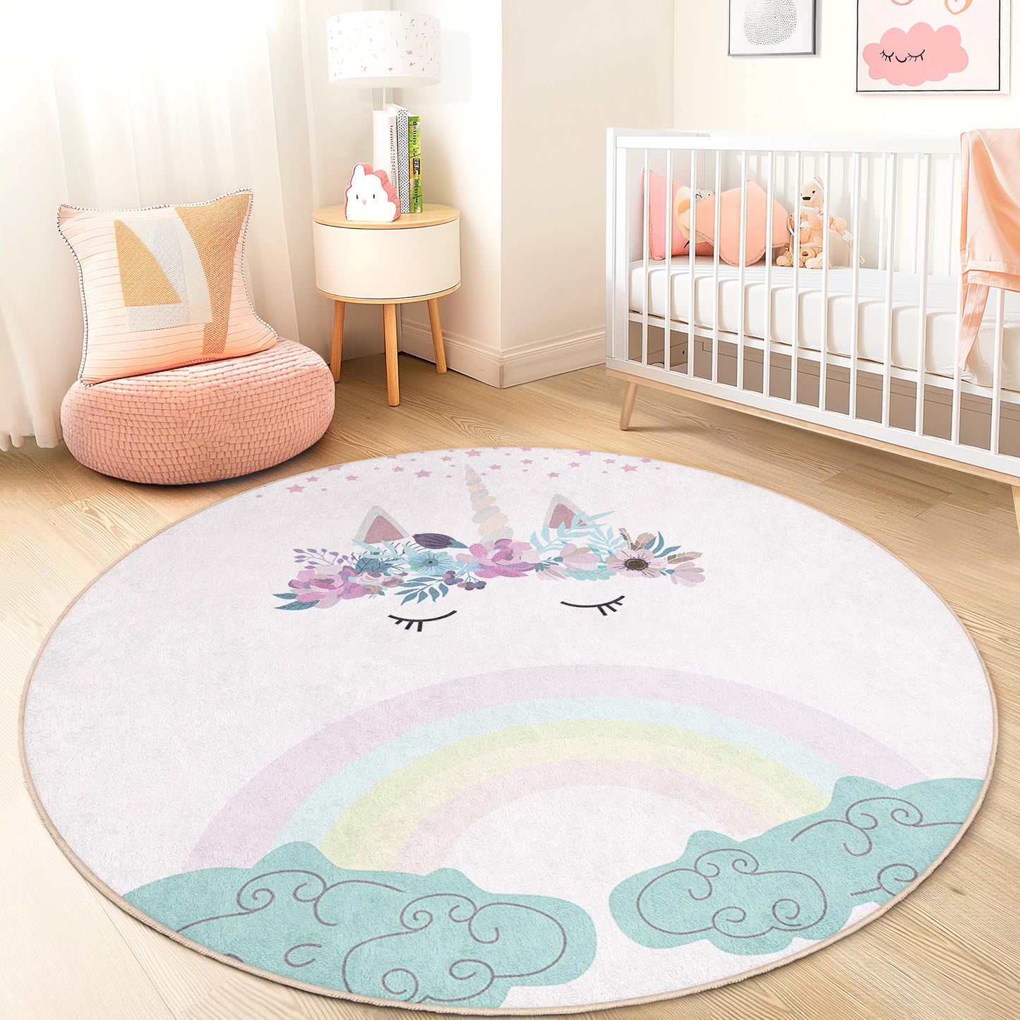 Runder Einhorn-Teppich, niedliche Einhorn-Spielmatte, Kinderzimmerdeko, Babyzimmerteppich, Regenbogen-Teppich, weicher Spielteppich