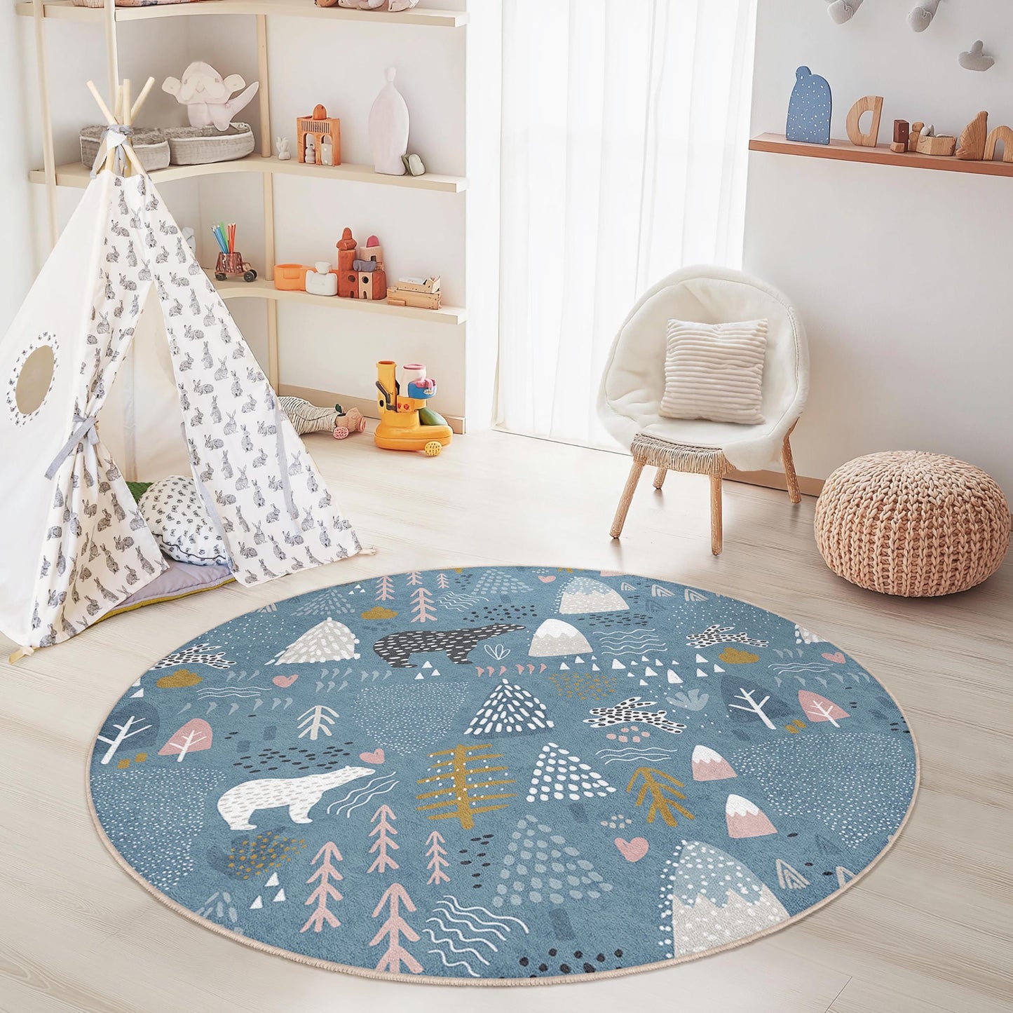 Runder Kinderteppich mit verspieltem Waldmotiv, Bären- und Baummuster, weiche Spielmatte, Kinderzimmerdekoration, Spielzimmerteppich