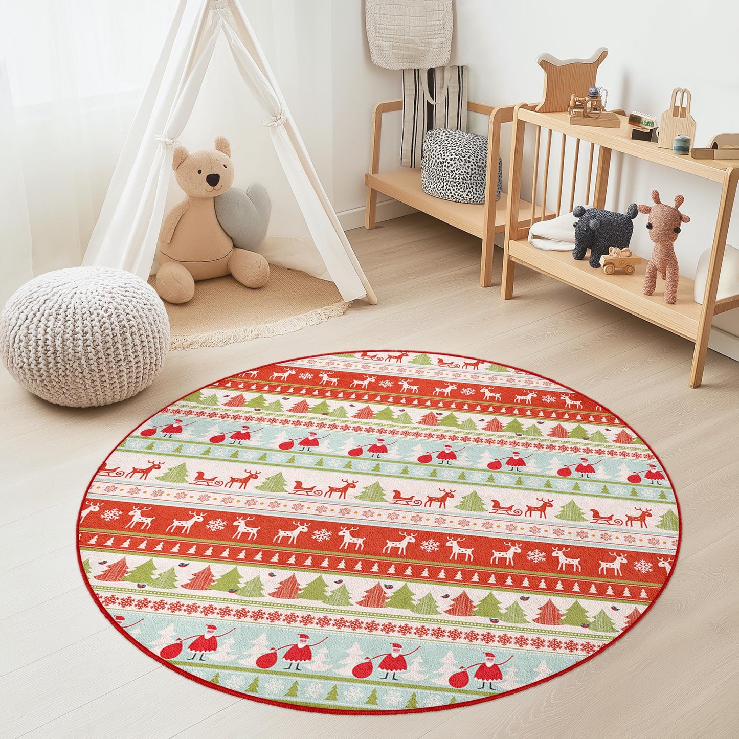 Festlicher runder Weihnachtsteppich, Weihnachtsteppich fürs Kinderzimmer, Weihnachtsmotiv mit Weihnachtsmann und Rentier, gemütliche Weihnachtsmatte