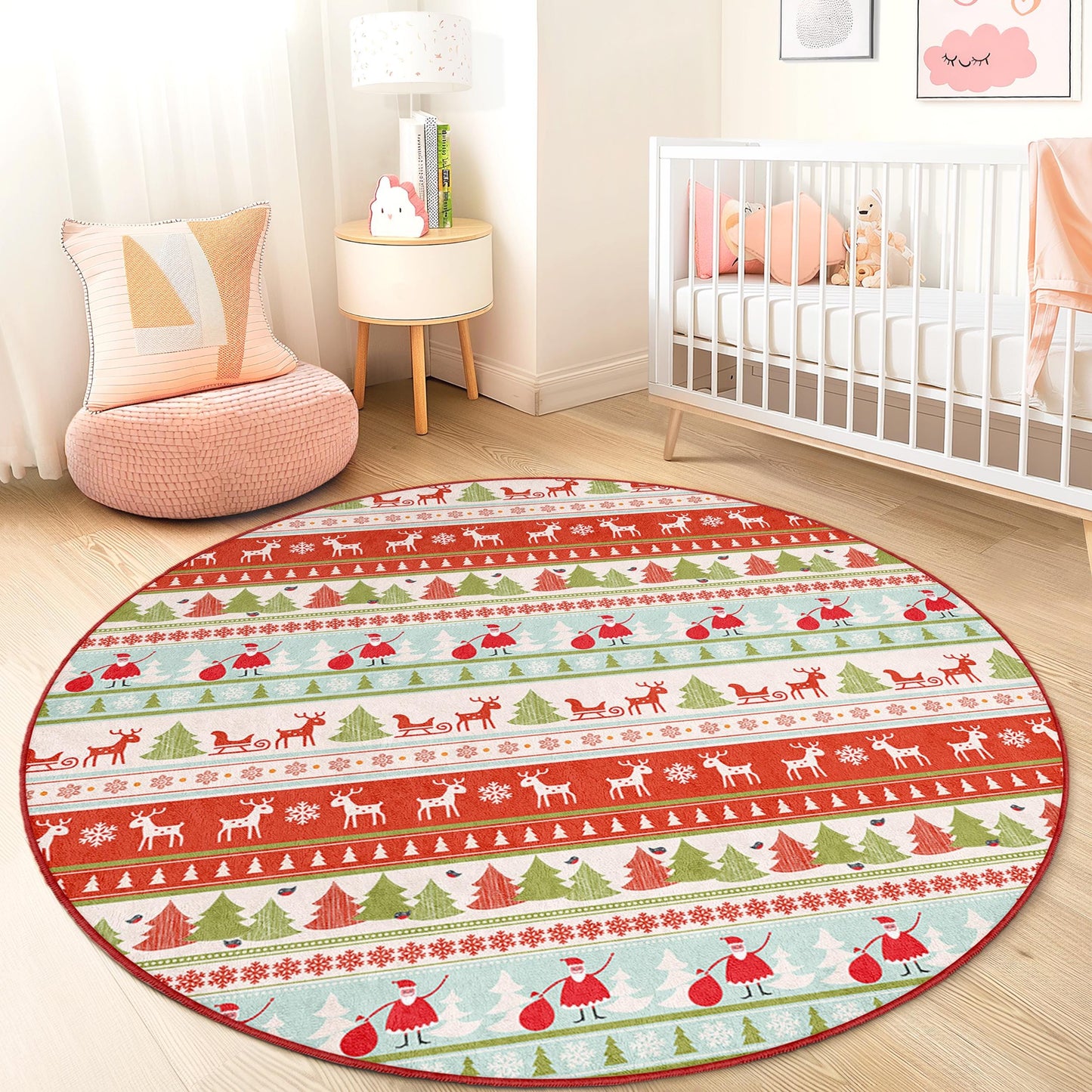 Festlicher runder Weihnachtsteppich, Weihnachtsteppich fürs Kinderzimmer, Weihnachtsmotiv mit Weihnachtsmann und Rentier, gemütliche Weihnachtsmatte