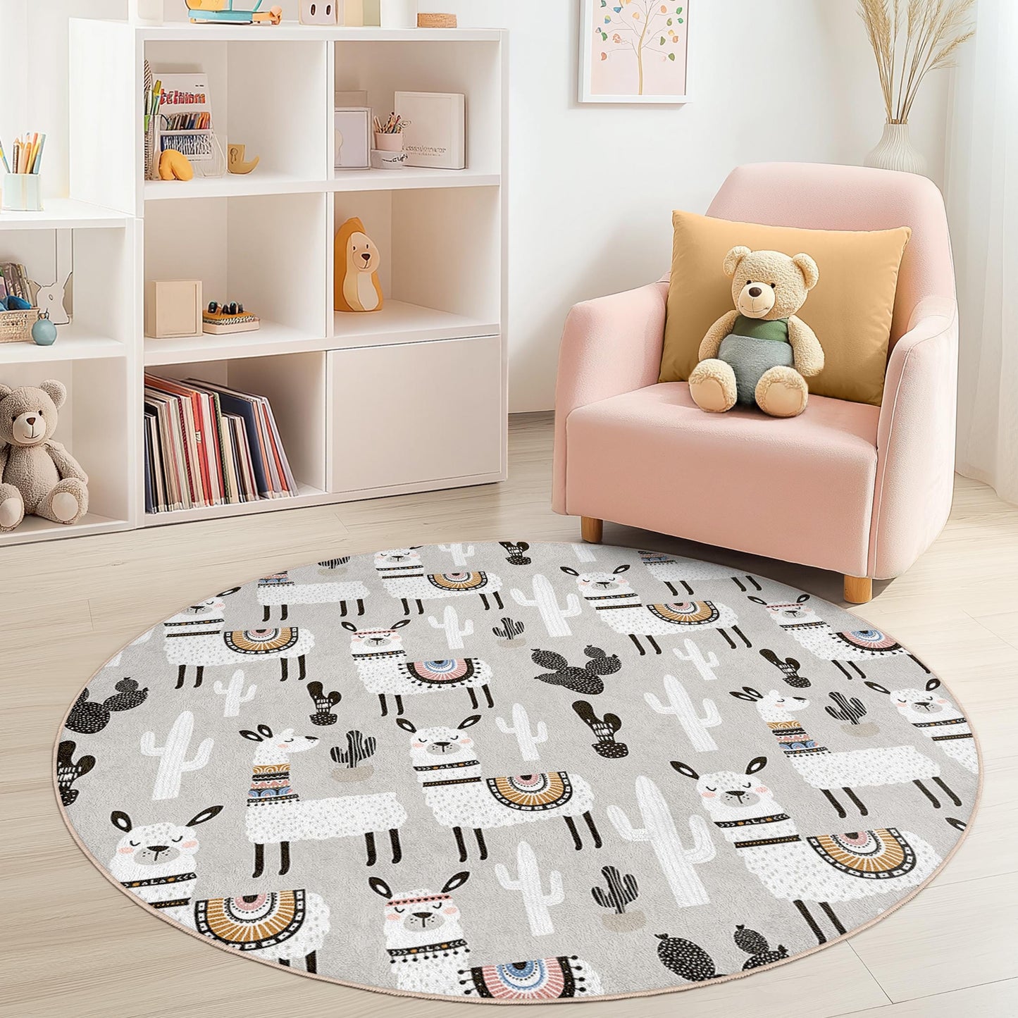 Runder Kinderteppich mit Lama- und Kaktusmotiv, Boho-Kinderzimmerdeko, Spielzimmerteppich, weicher runder Teppich, Teppich mit Tiermotiven für Kinder