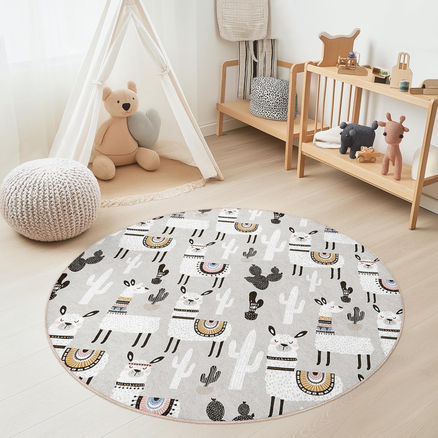 Runder Kinderteppich mit Lama- und Kaktusmotiv, Boho-Kinderzimmerdeko, Spielzimmerteppich, weicher runder Teppich, Teppich mit Tiermotiven für Kinder