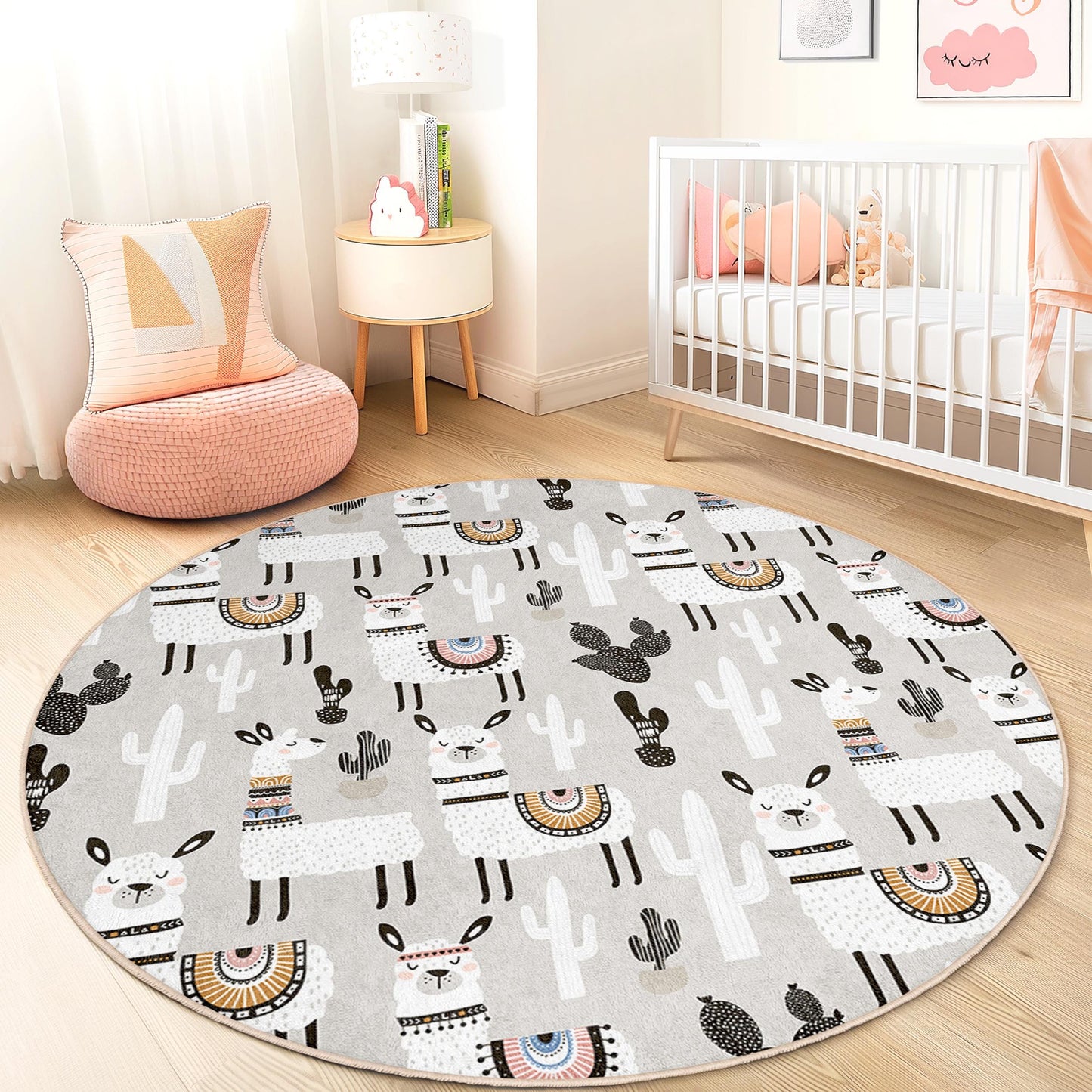 Runder Kinderteppich mit Lama- und Kaktusmotiv, Boho-Kinderzimmerdeko, Spielzimmerteppich, weicher runder Teppich, Teppich mit Tiermotiven für Kinder