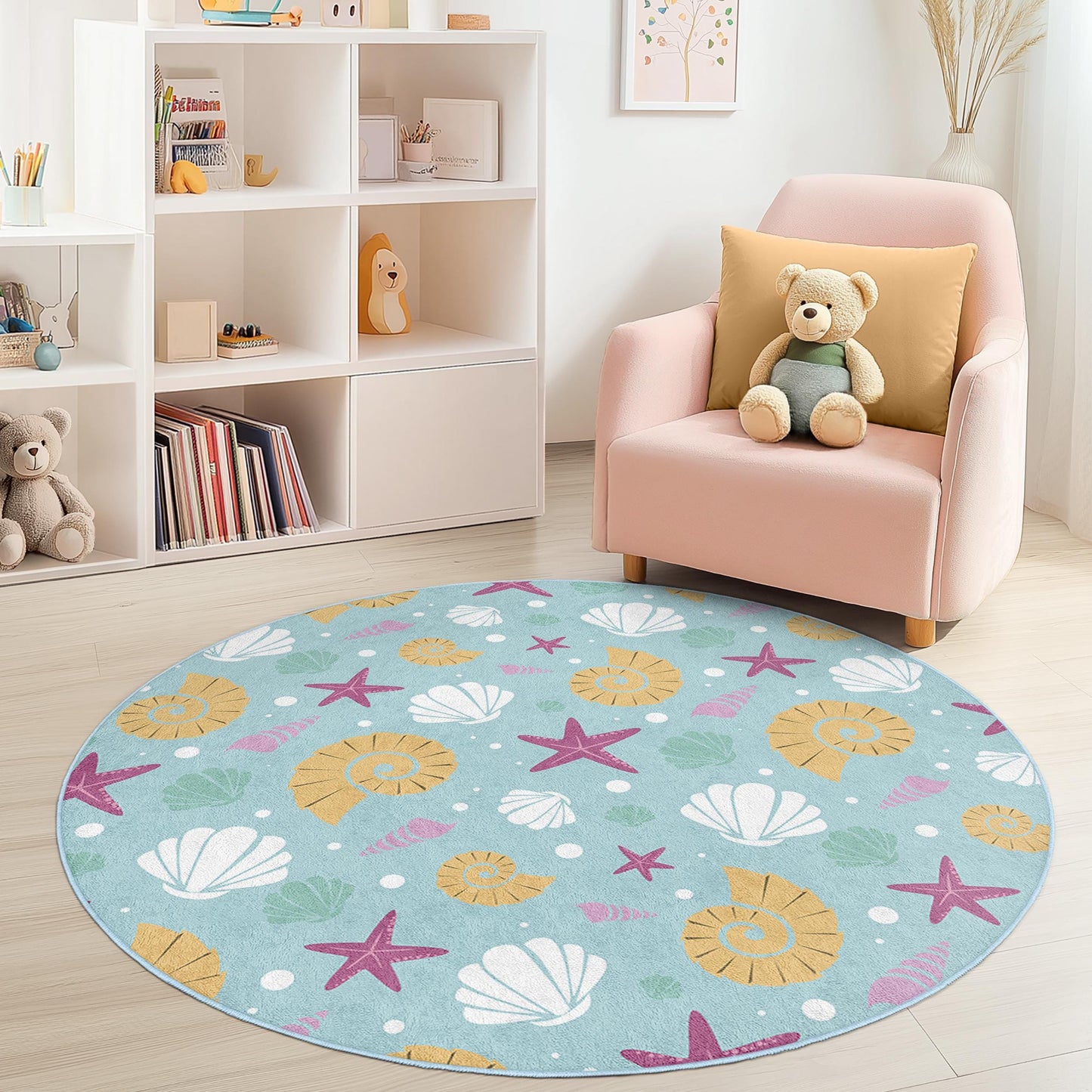 Runder Kinderteppich mit Muschelmuster, Teppich im Küstenstil fürs Kinderzimmer, Stranddeko fürs Kinderzimmer, weiche Spielmatte für Kleinkinder