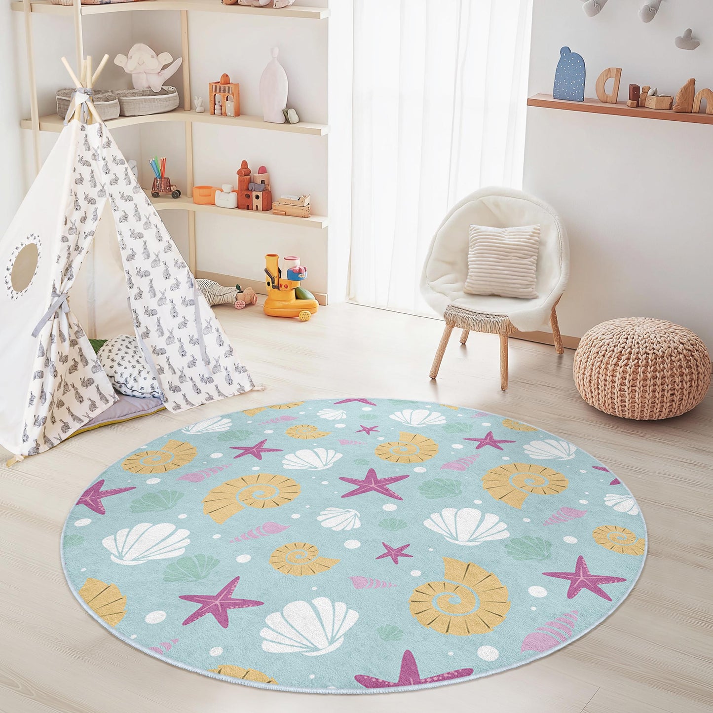Runder Kinderteppich mit Muschelmuster, Teppich im Küstenstil fürs Kinderzimmer, Stranddeko fürs Kinderzimmer, weiche Spielmatte für Kleinkinder