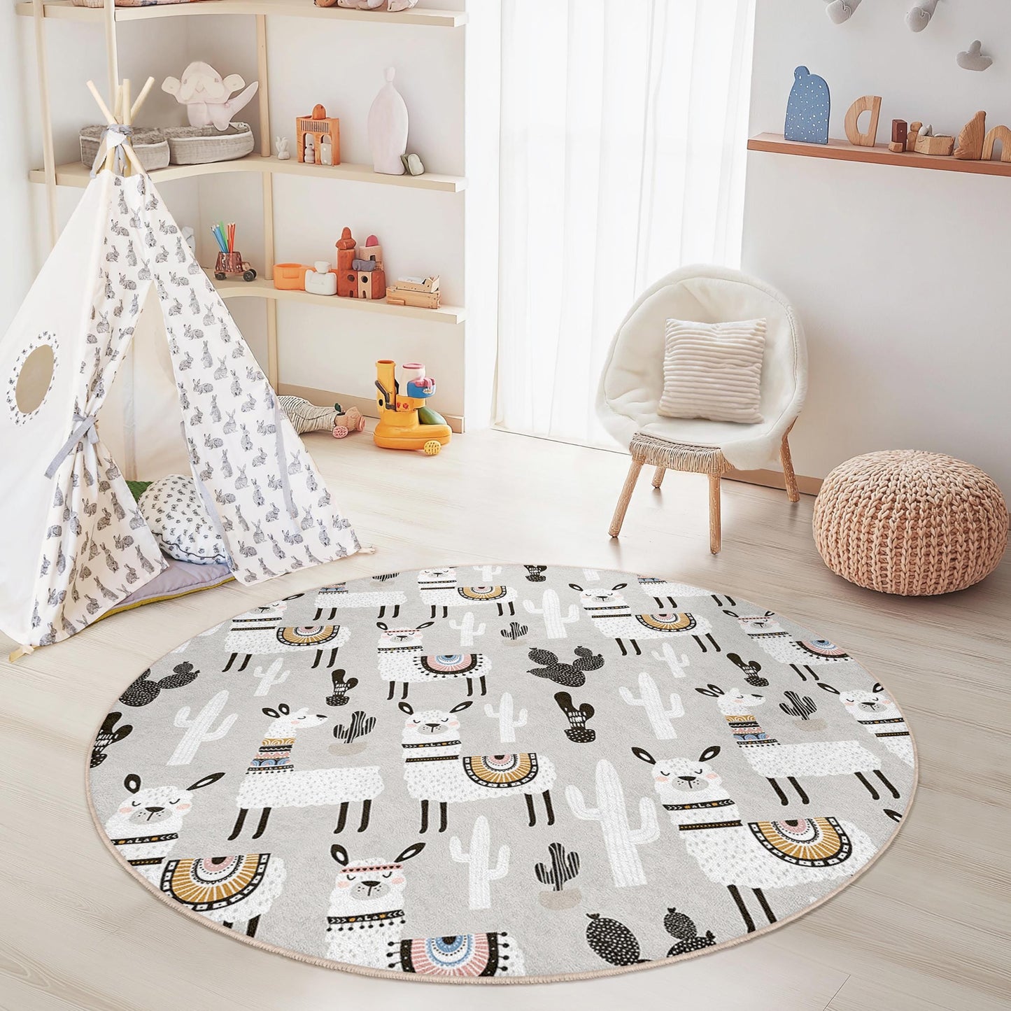 Llama and Cactus Round Kids Rug, Bohemian Nursery Decor, Playroom Carpet, Soft Round Rug, Animal Theme Rug for Children