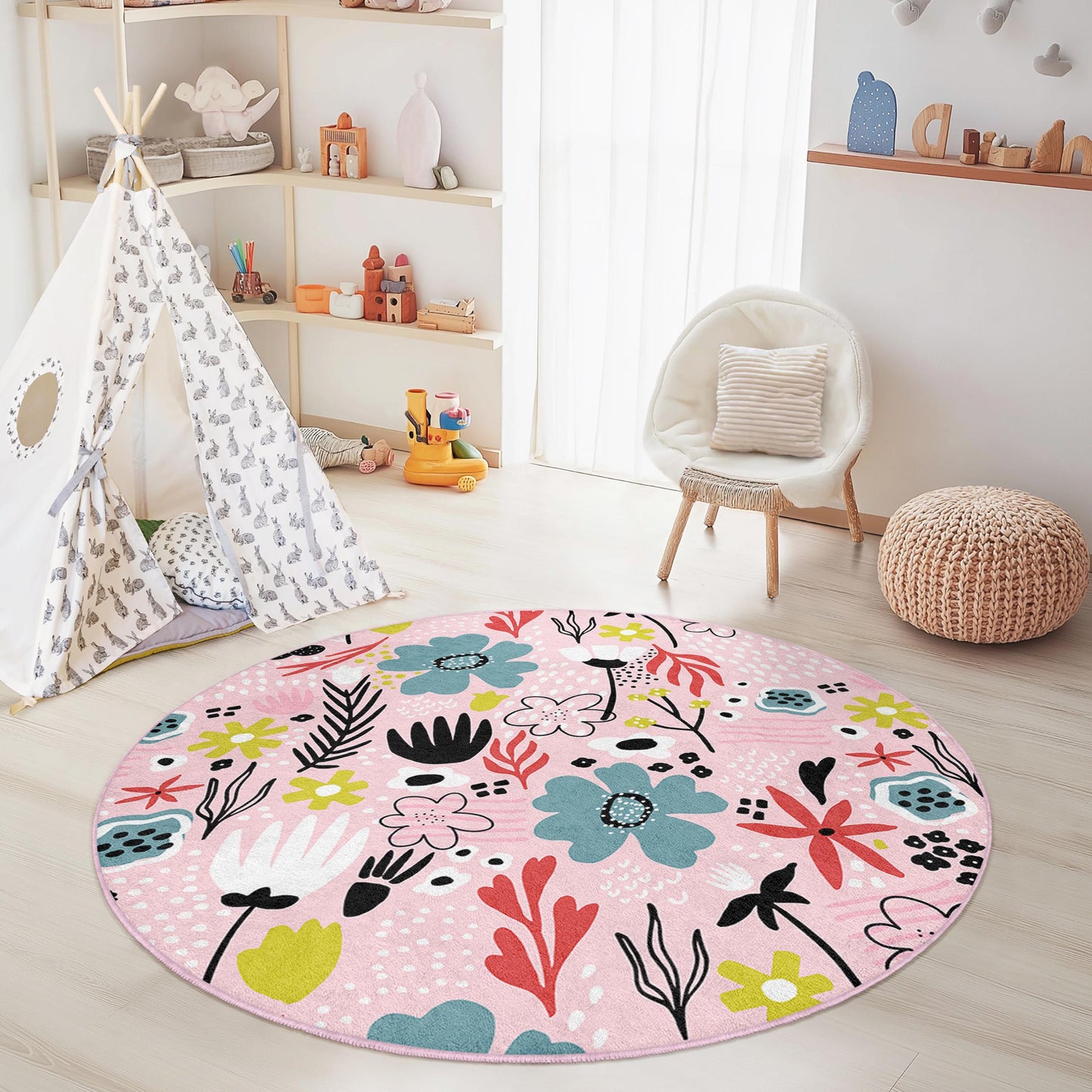 Runder Kinderteppich mit Blumenmuster, rosa Spielzimmerteppich, weicher Kinderzimmerteppich, Boho-Kinderzimmerdeko, niedlicher runder Teppich