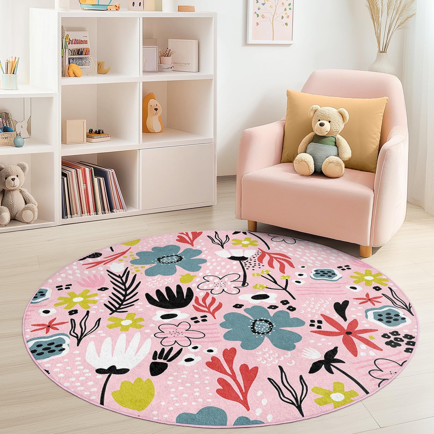 Runder Kinderteppich mit Blumenmuster, rosa Spielzimmerteppich, weicher Kinderzimmerteppich, Boho-Kinderzimmerdeko, niedlicher runder Teppich