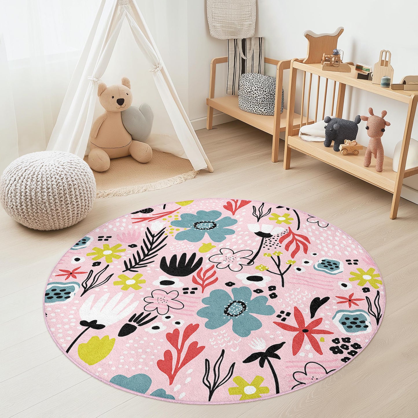 Runder Kinderteppich mit Blumenmuster, rosa Spielzimmerteppich, weicher Kinderzimmerteppich, Boho-Kinderzimmerdeko, niedlicher runder Teppich