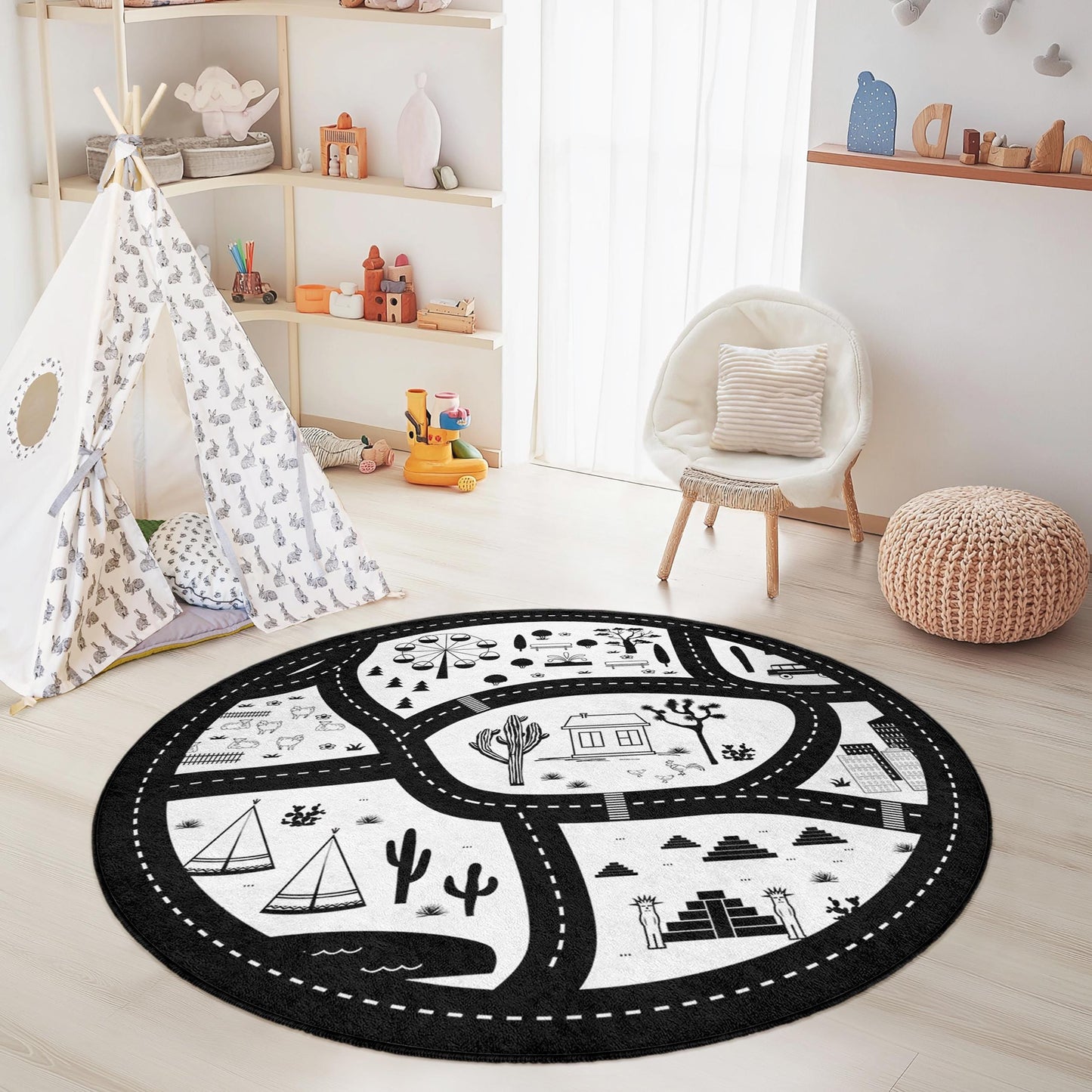 Schwarz-weißer Straßenkarten-Spielteppich für Kinder, runder Spielteppich, kreative Kinderzimmerdekoration, weiche Spielmatte, interaktiver Lernteppich