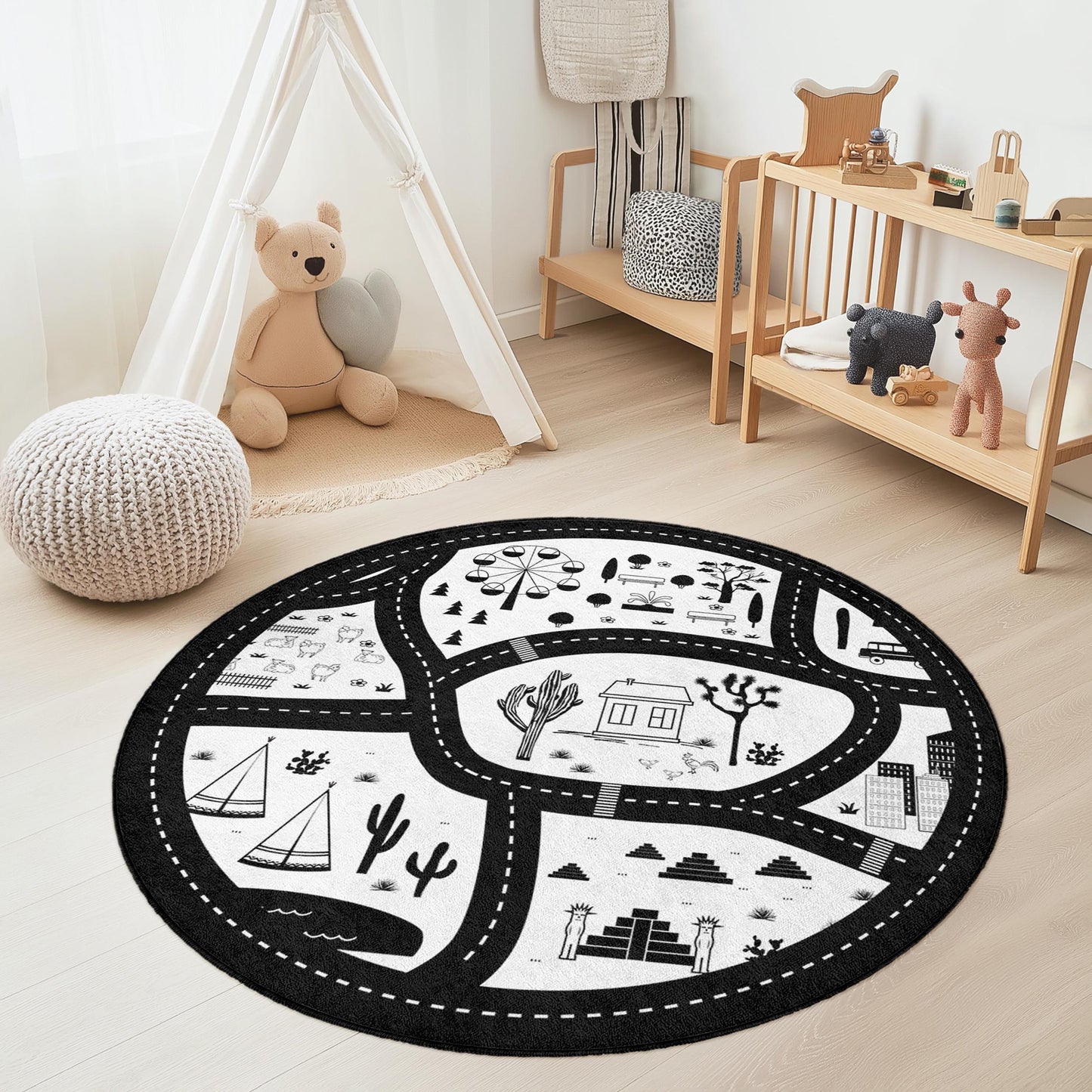 Schwarz-weißer Straßenkarten-Spielteppich für Kinder, runder Spielteppich, kreative Kinderzimmerdekoration, weiche Spielmatte, interaktiver Lernteppich